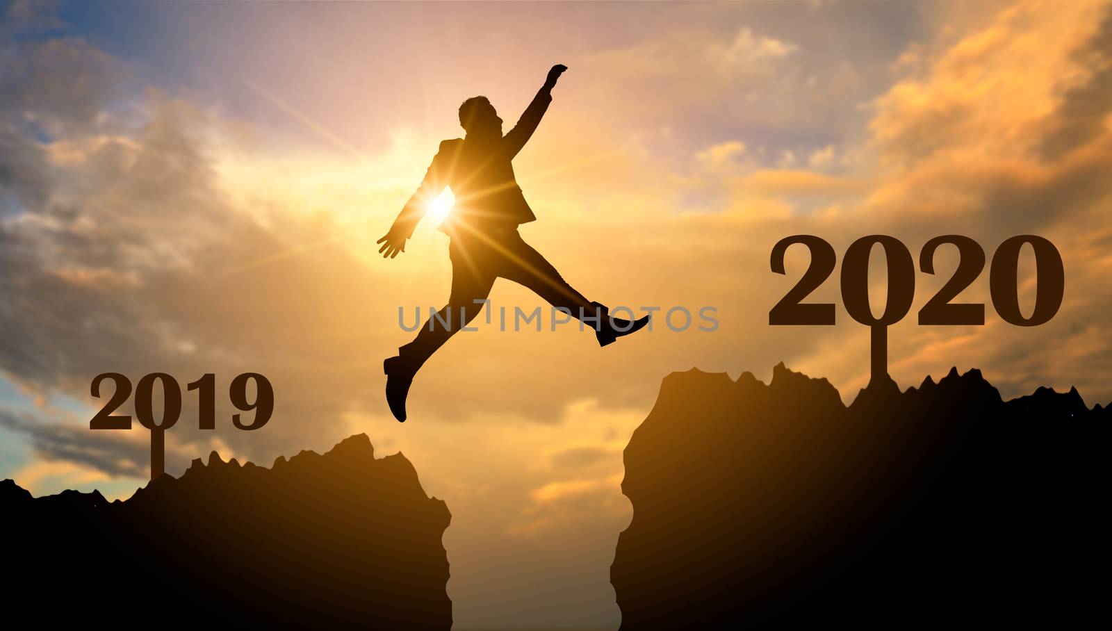 Business people are jumping across the abyss from 2019 to 2020