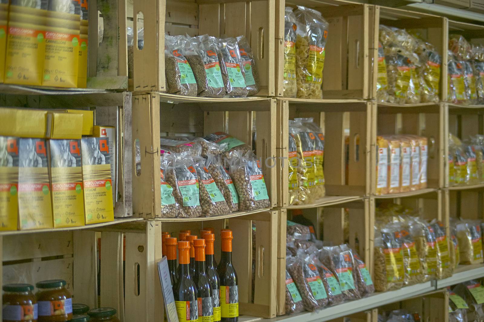 view of a typical organic food store in italy, zero-kilometer food products from the producer to the consumer.