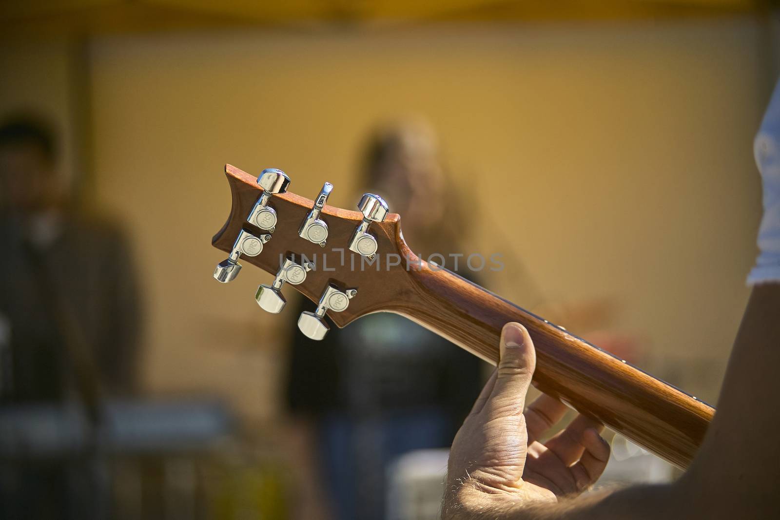 Detail of the blade and mechanics of an electric guitar while playing live at a concert