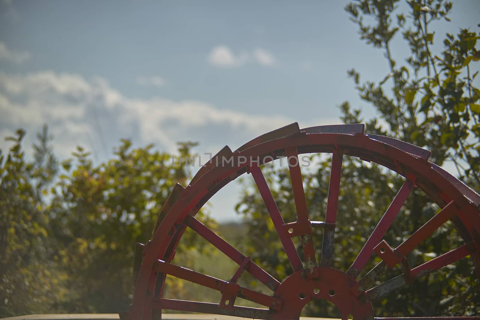 metal wheel for agricultural tractors, rural background. by pippocarlot