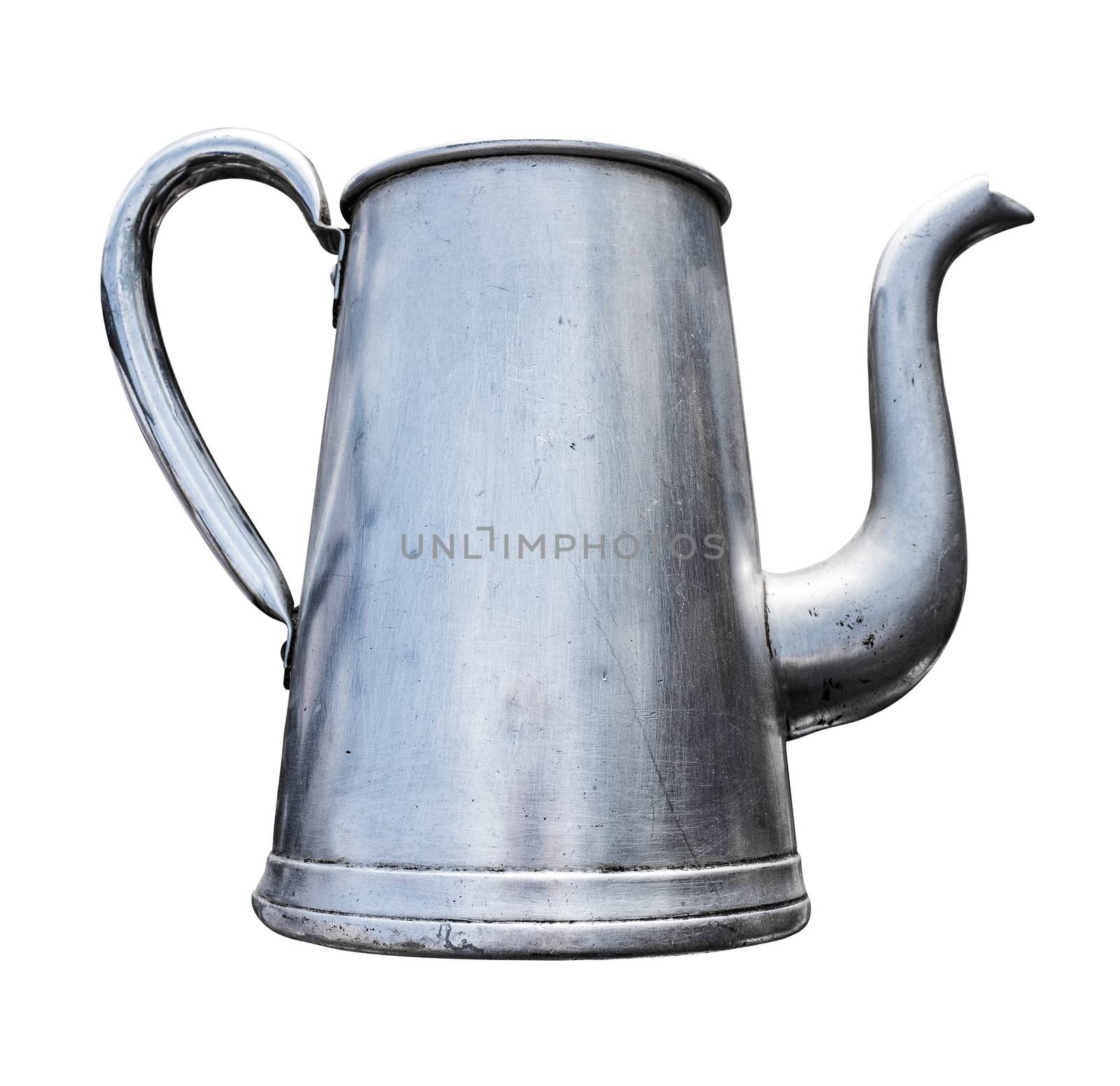 Antique Slim Metal Teapot With Handle And Spout Isolated On A White Background