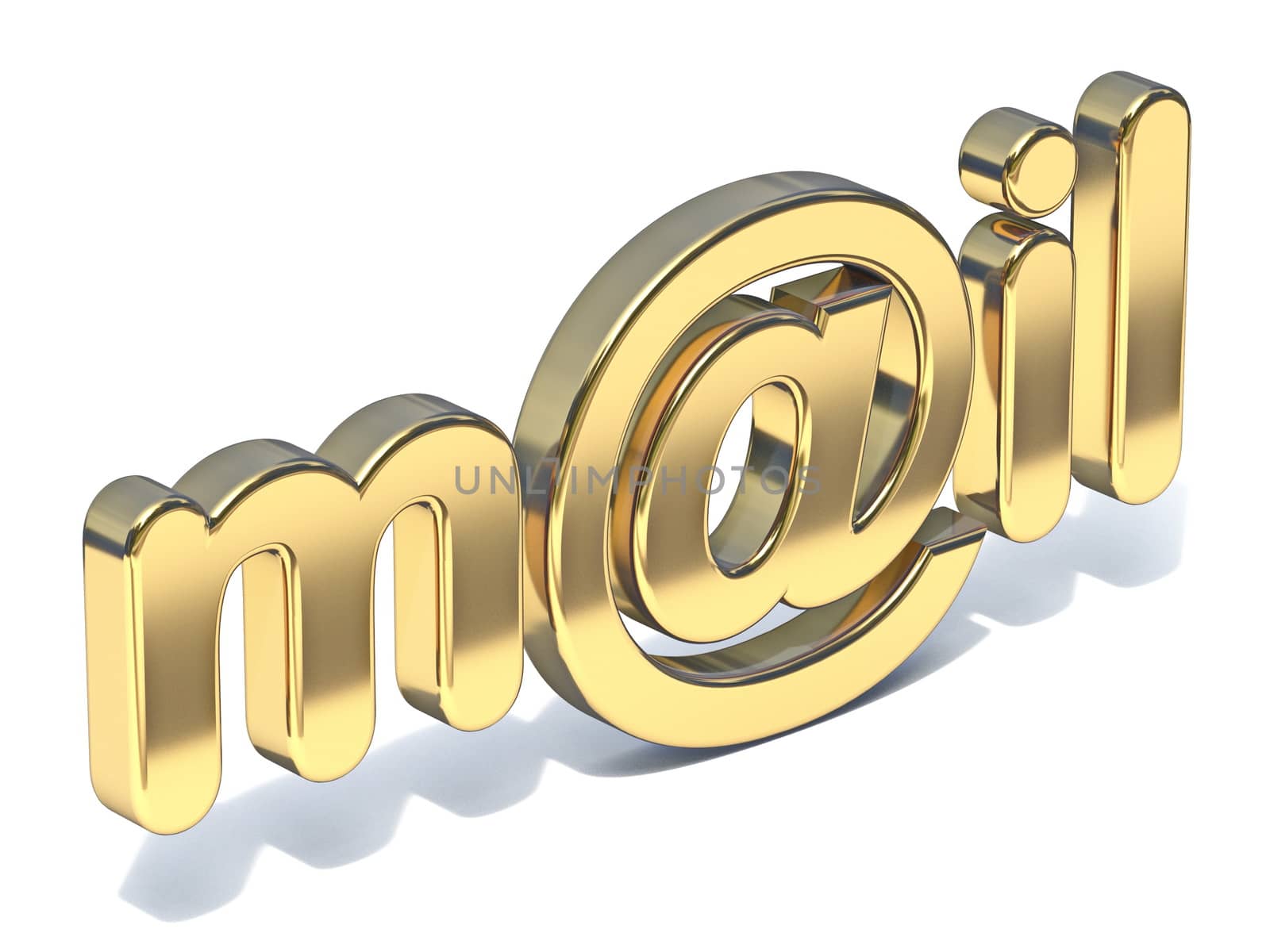 Golden word MAIL with at sign 3D rendering illustration isolated on white background