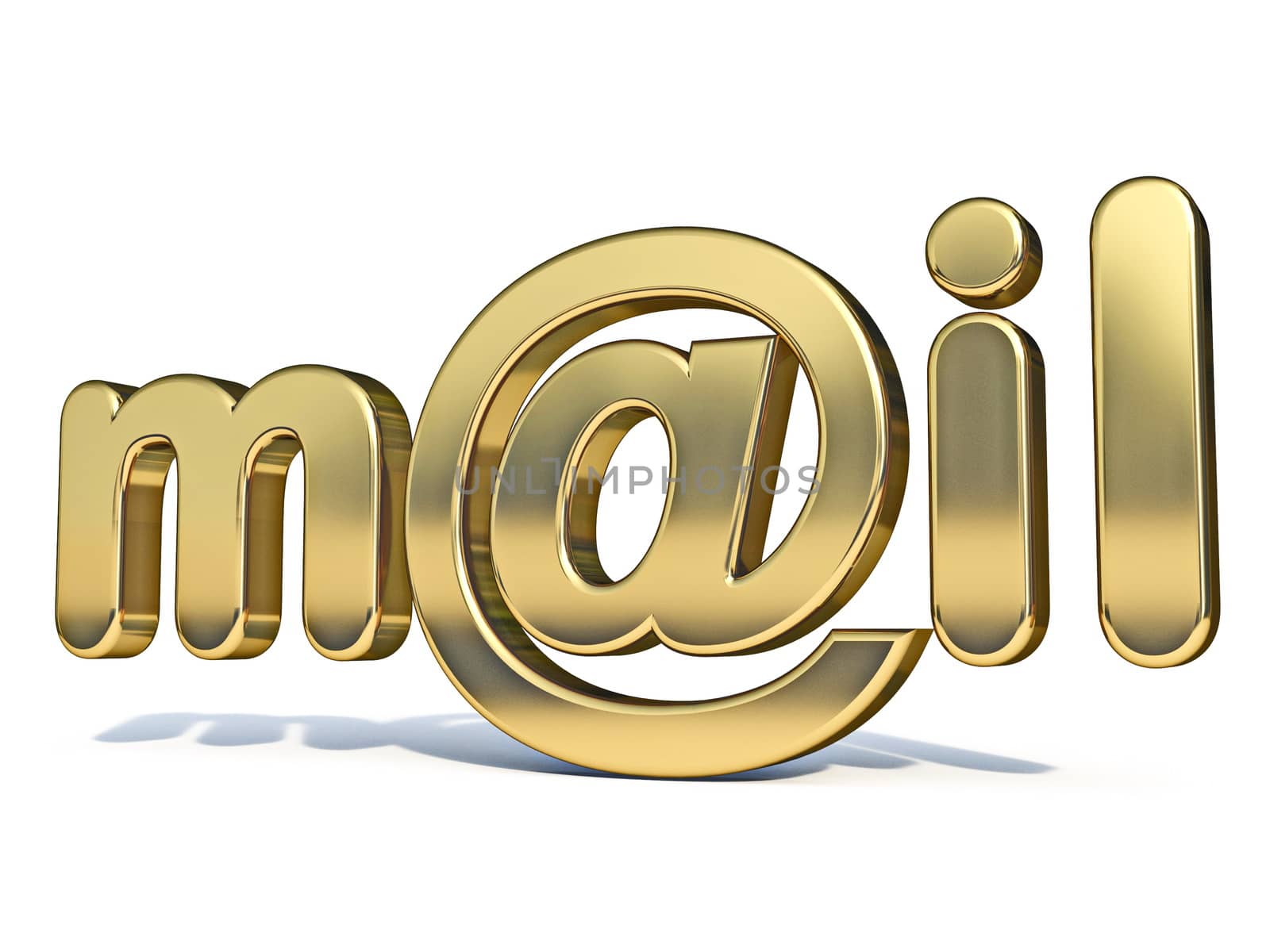 Golden word MAIL with at sign 3D rendering illustration isolated on white background