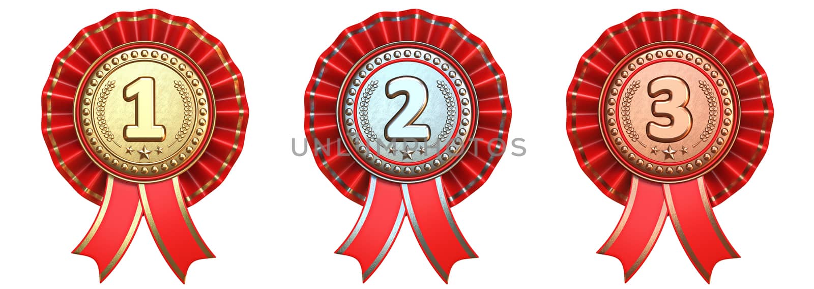 Medals with red ribbons 3D render illustration isolated on white background