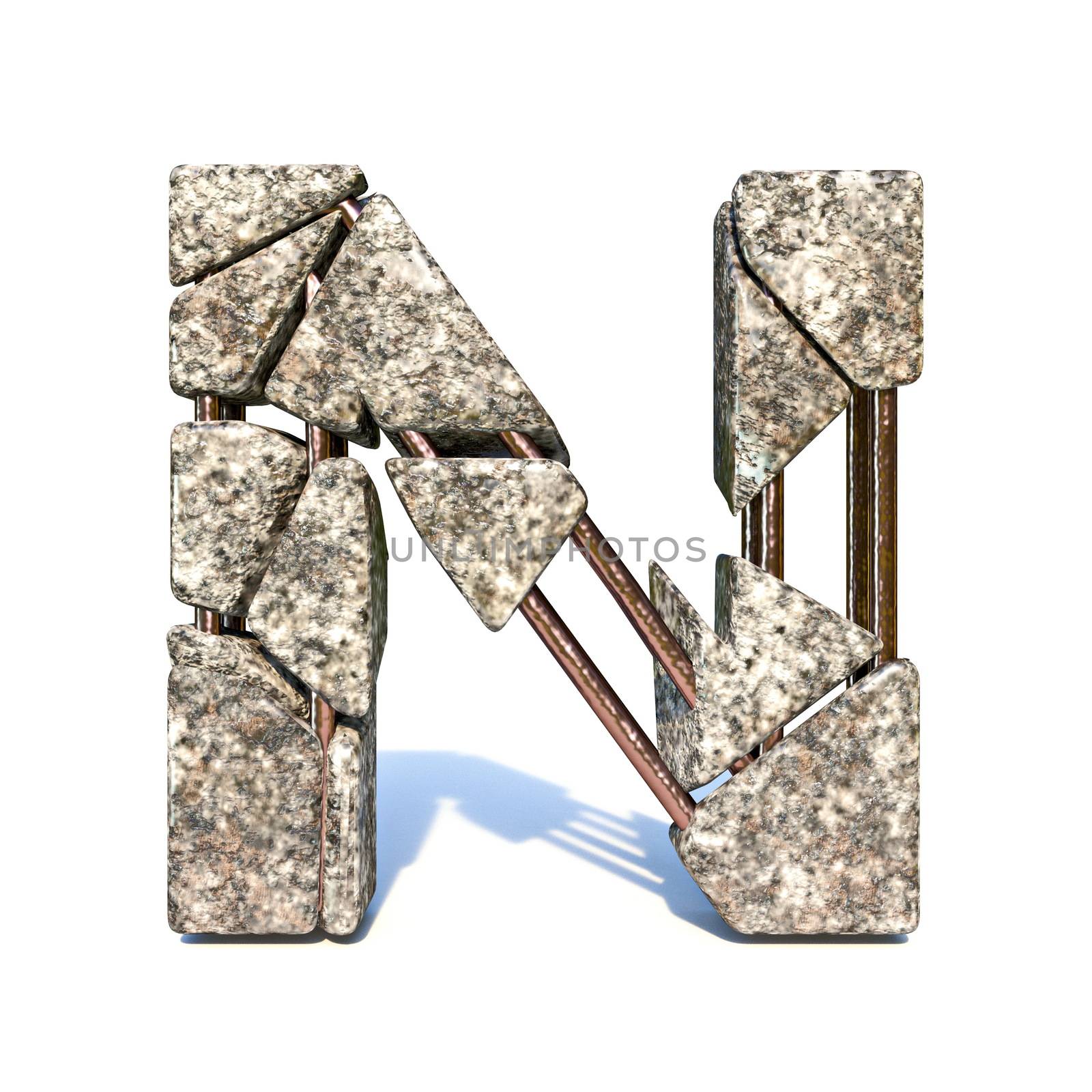 Concrete fracture font Letter N 3D render illustration isolated on white background