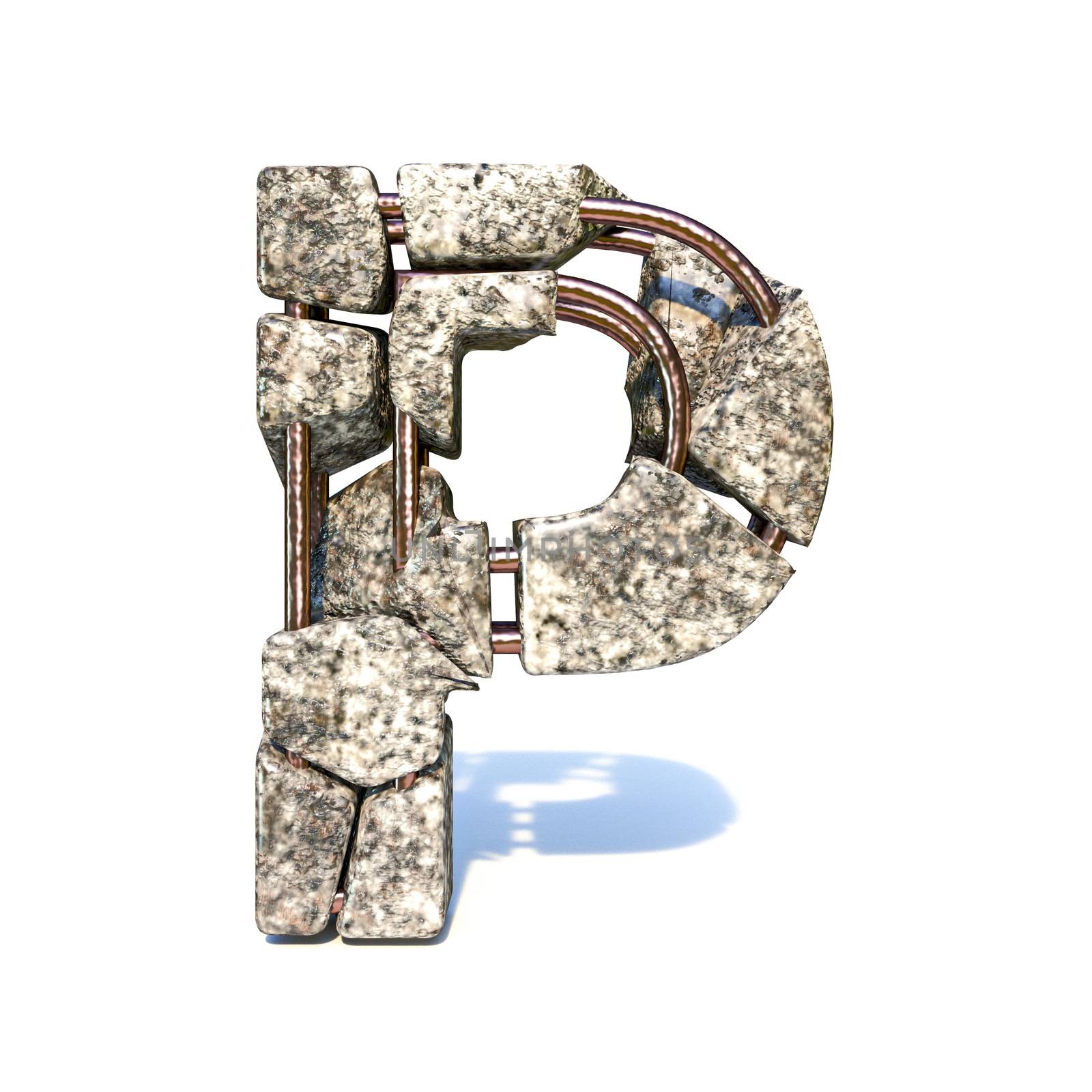 Concrete fracture font Letter P 3D render illustration isolated on white background