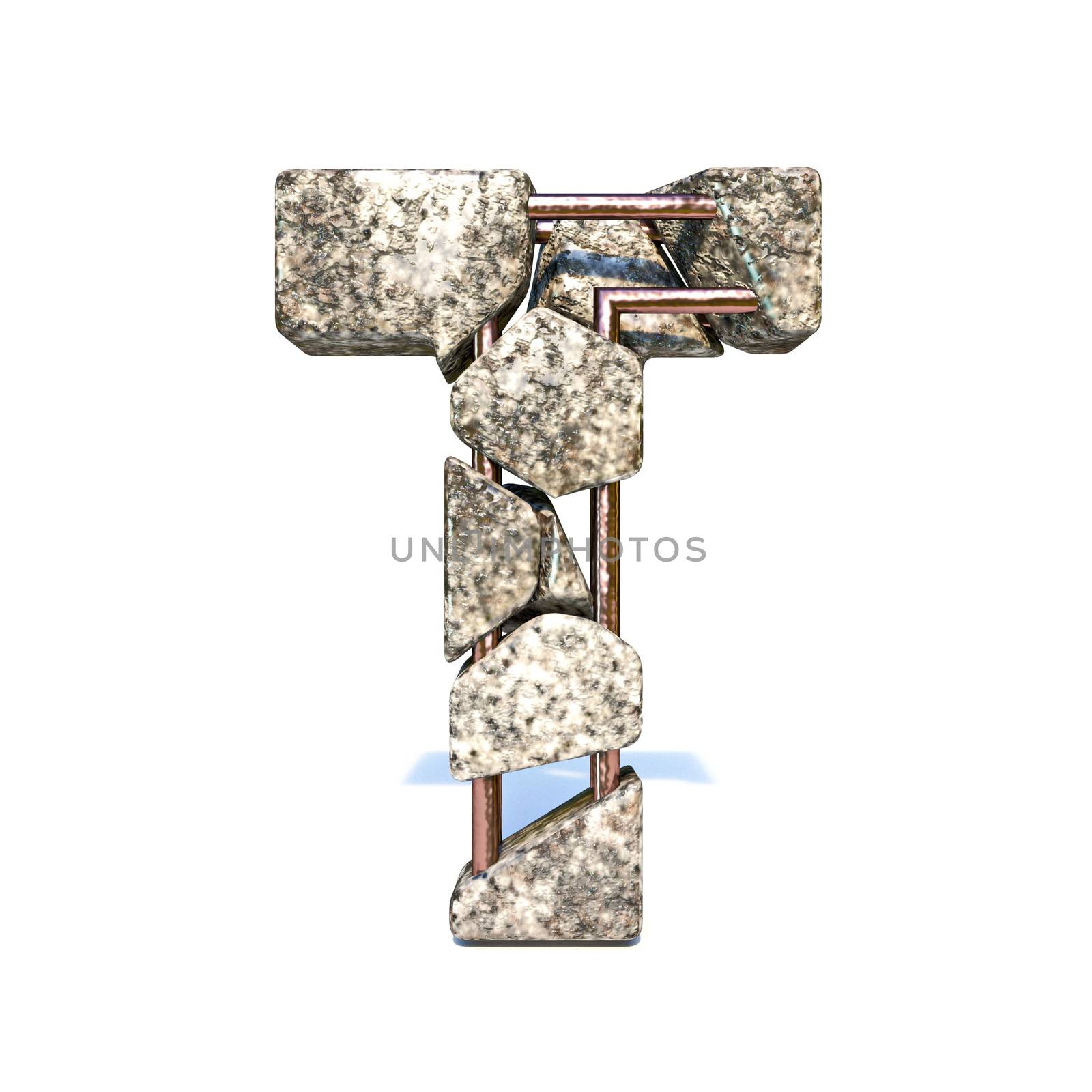 Concrete fracture font Letter T 3D render illustration isolated on white background