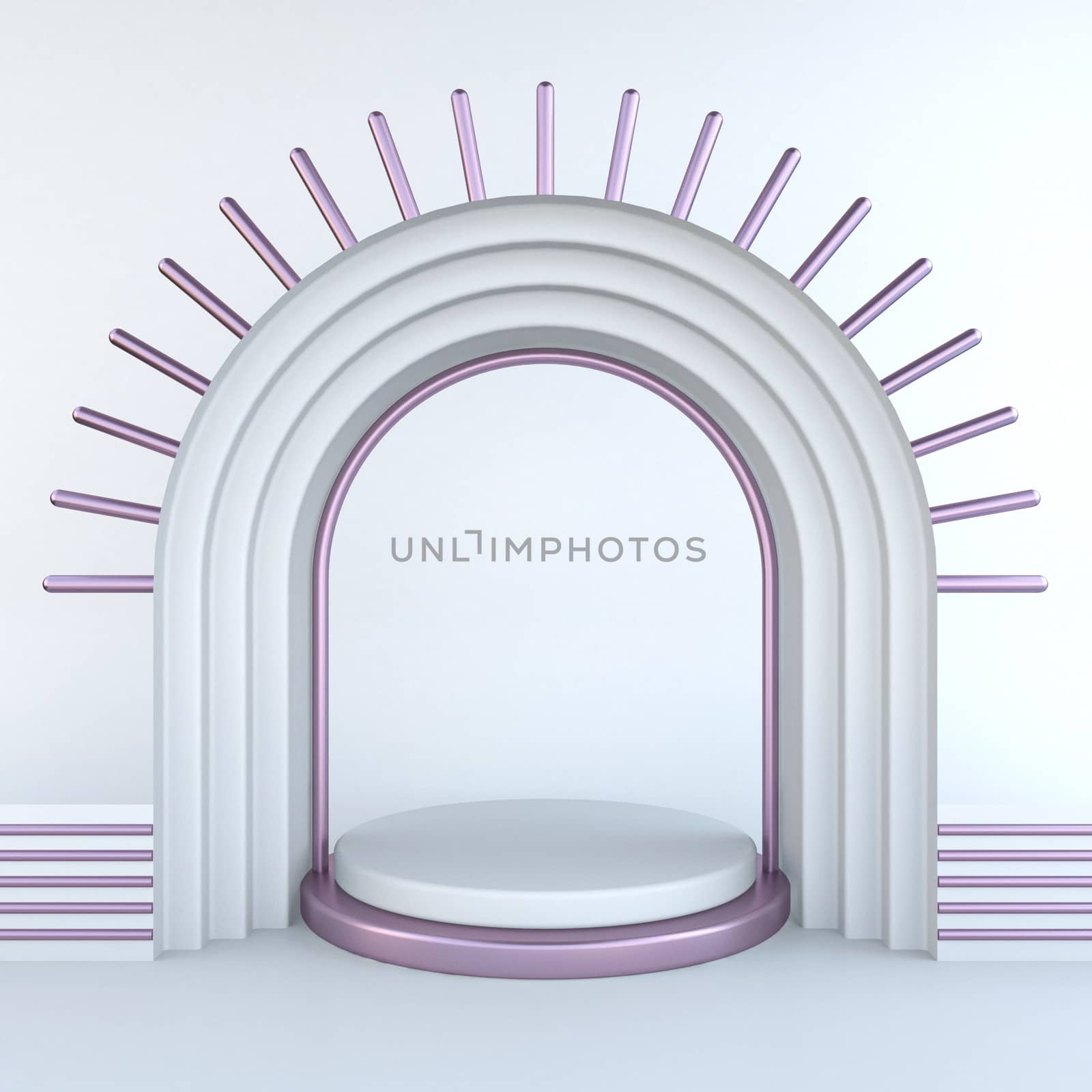 Architectural podium abstract shape with pink rays 3D render illustration