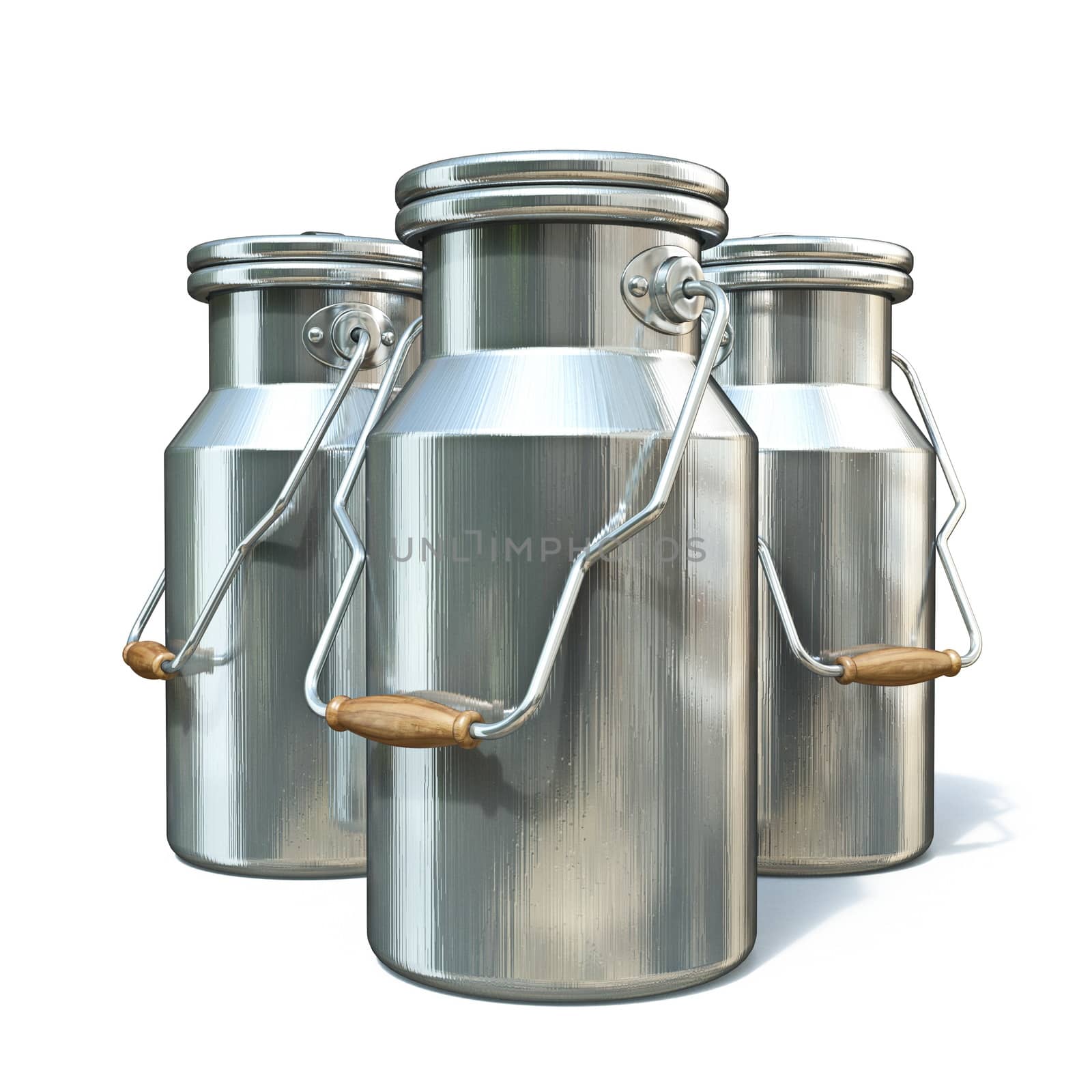 Metal containers for milk 3D render illustration isolated on white background