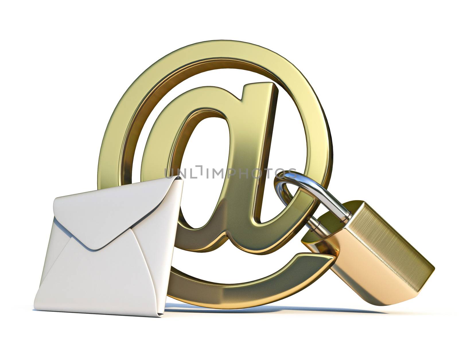 At sign and mail with padlock 3D render illustration isolated on white background