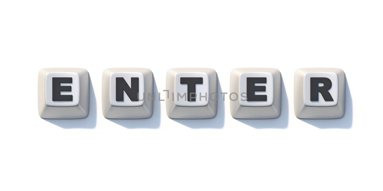 Word ENTER made of white computer keys 3D render illustration isolated on white background
