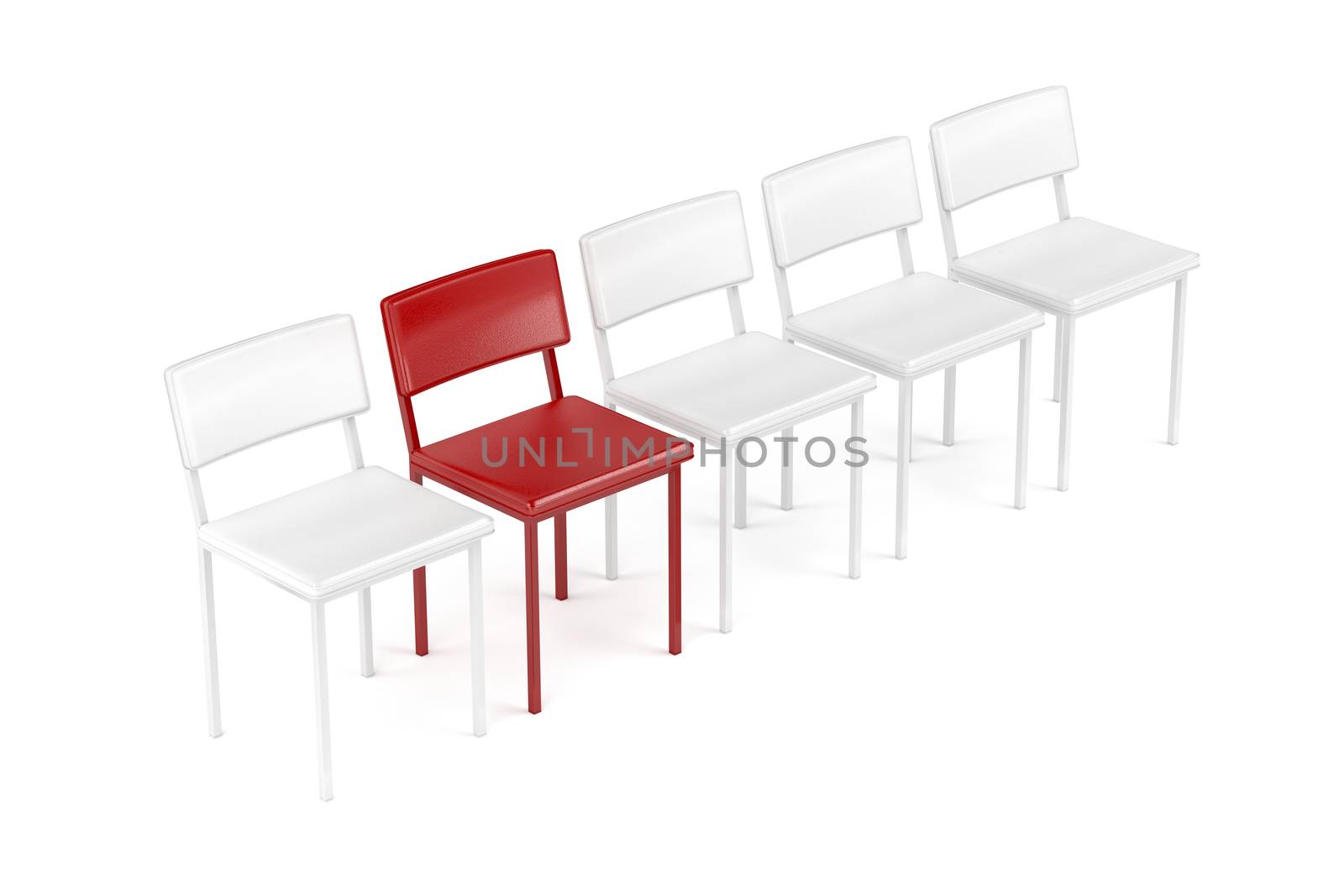 One unique red chair in a row of white chairs