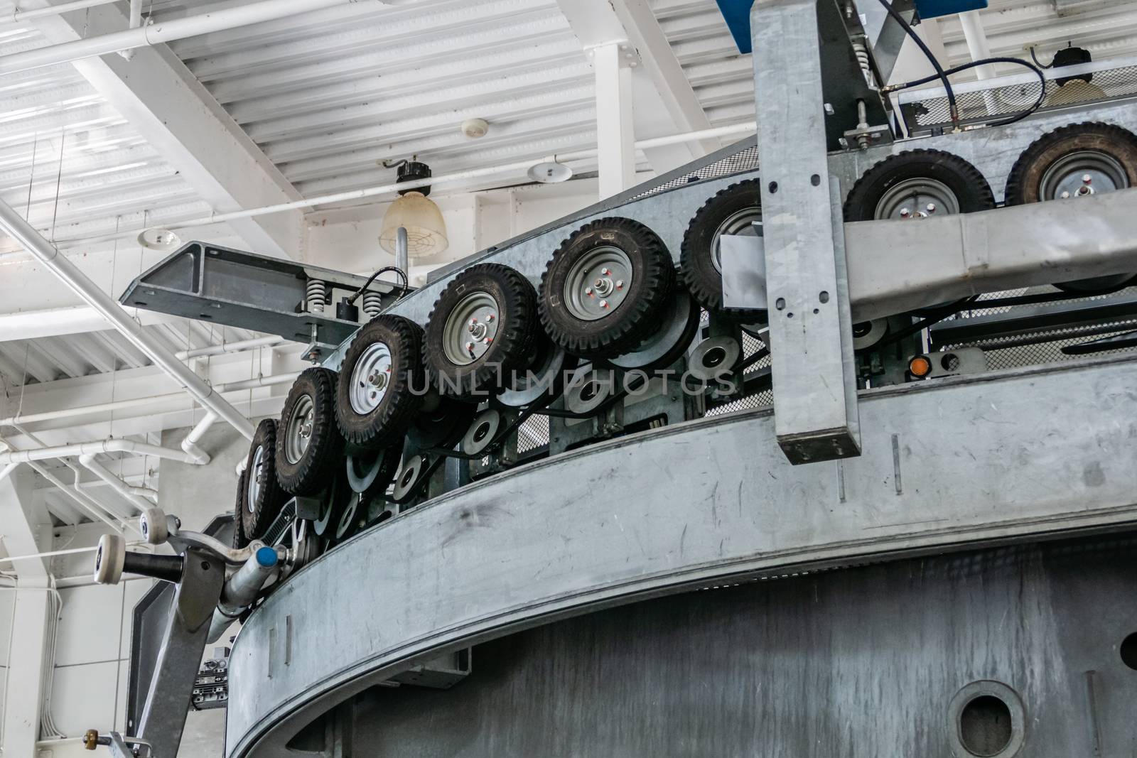 Cable car wheel pulley system close up