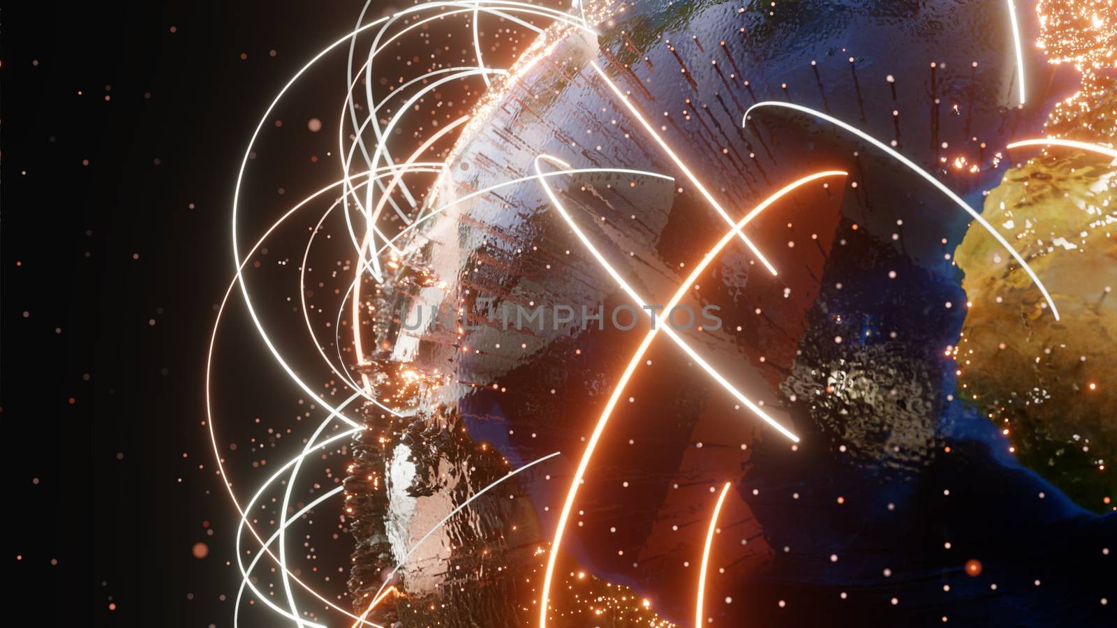 Connection curves and dots around Earth globe, Futuristic technology background. 3D illustration. Elements of this image furnished by NASA