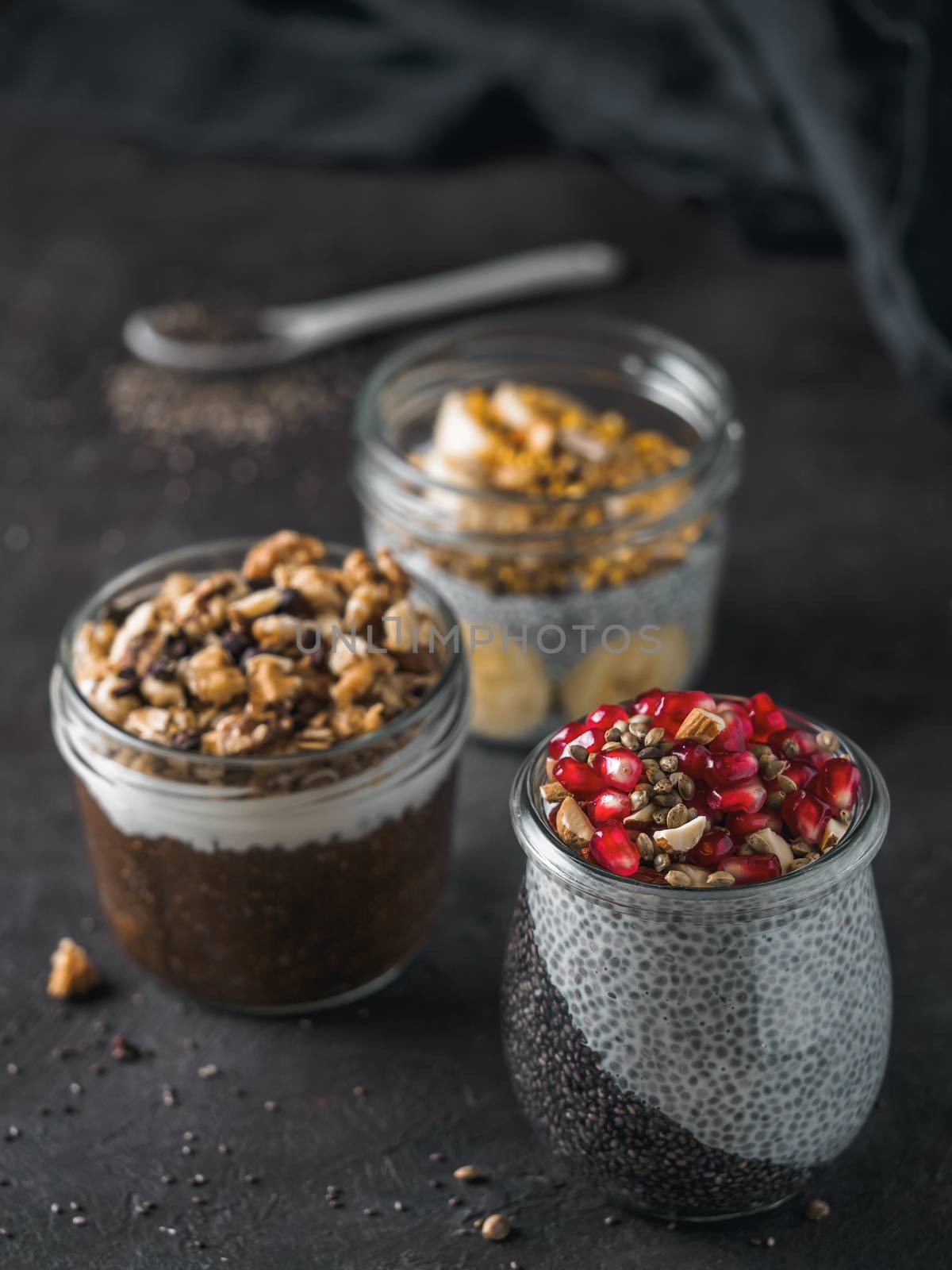 chia pudding set in different glass jars by fascinadora