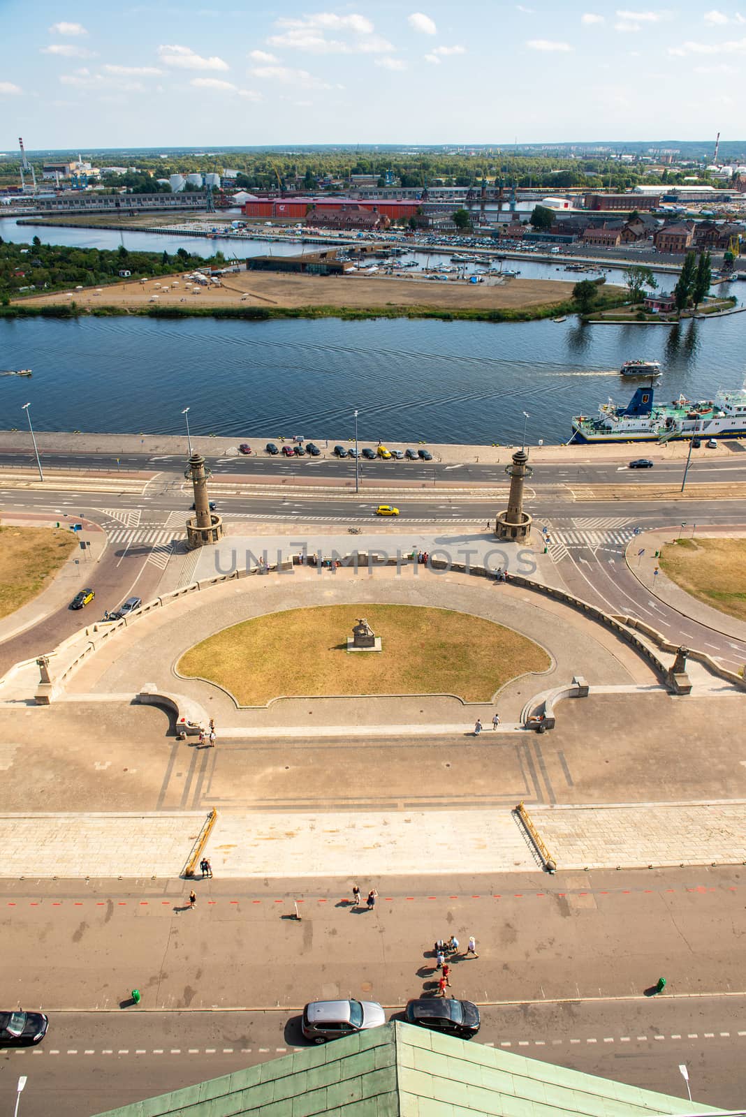 Left bank of the Oder river in Szczecin with the maritime museum and the Chrobry embankment, Szczecin, Poland.