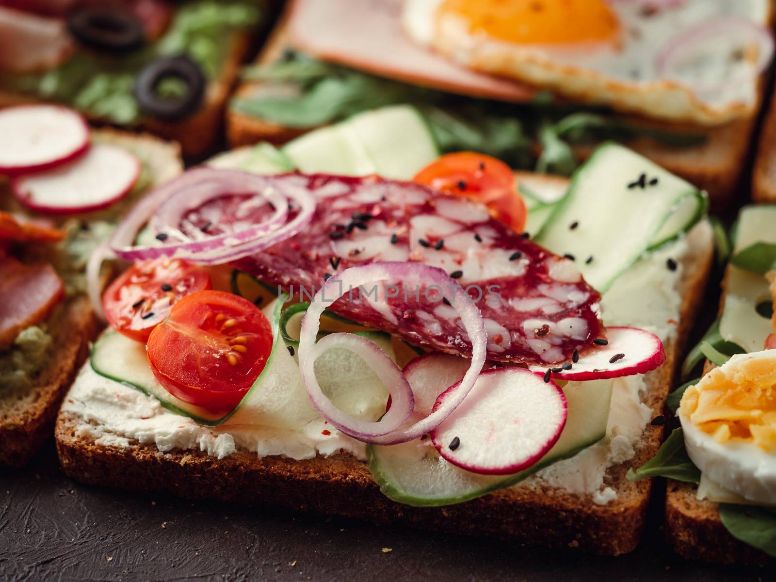 Close up view of different sandwiches with salami, vegetables and black sesame. Copy space for text. Assortment meat toasts on black background. Idea, creative concept for sausage maker.