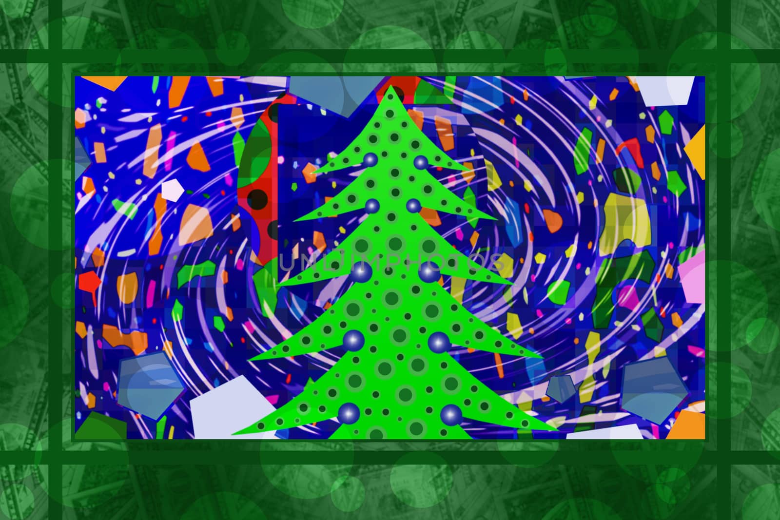 New Year tree, against the background of money, example of festive stained glass for design