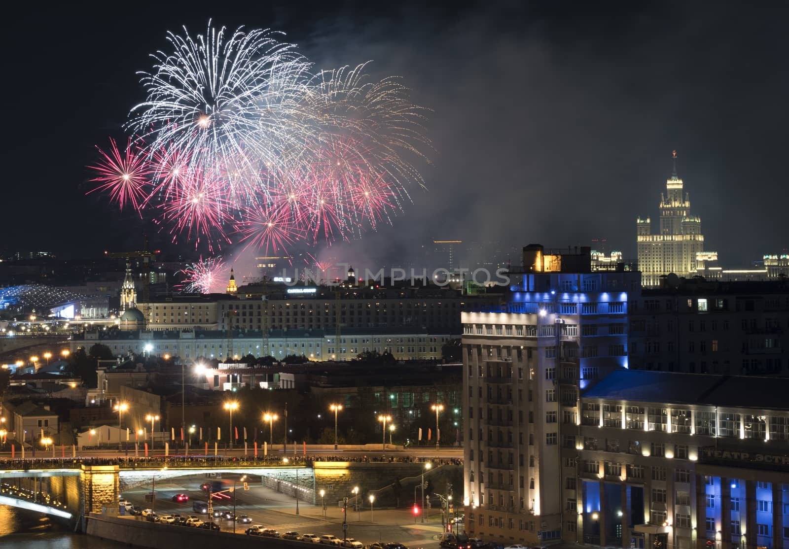 Russia,  Moscow,  view on the city center at night. Fireworks explosions in the night sky.