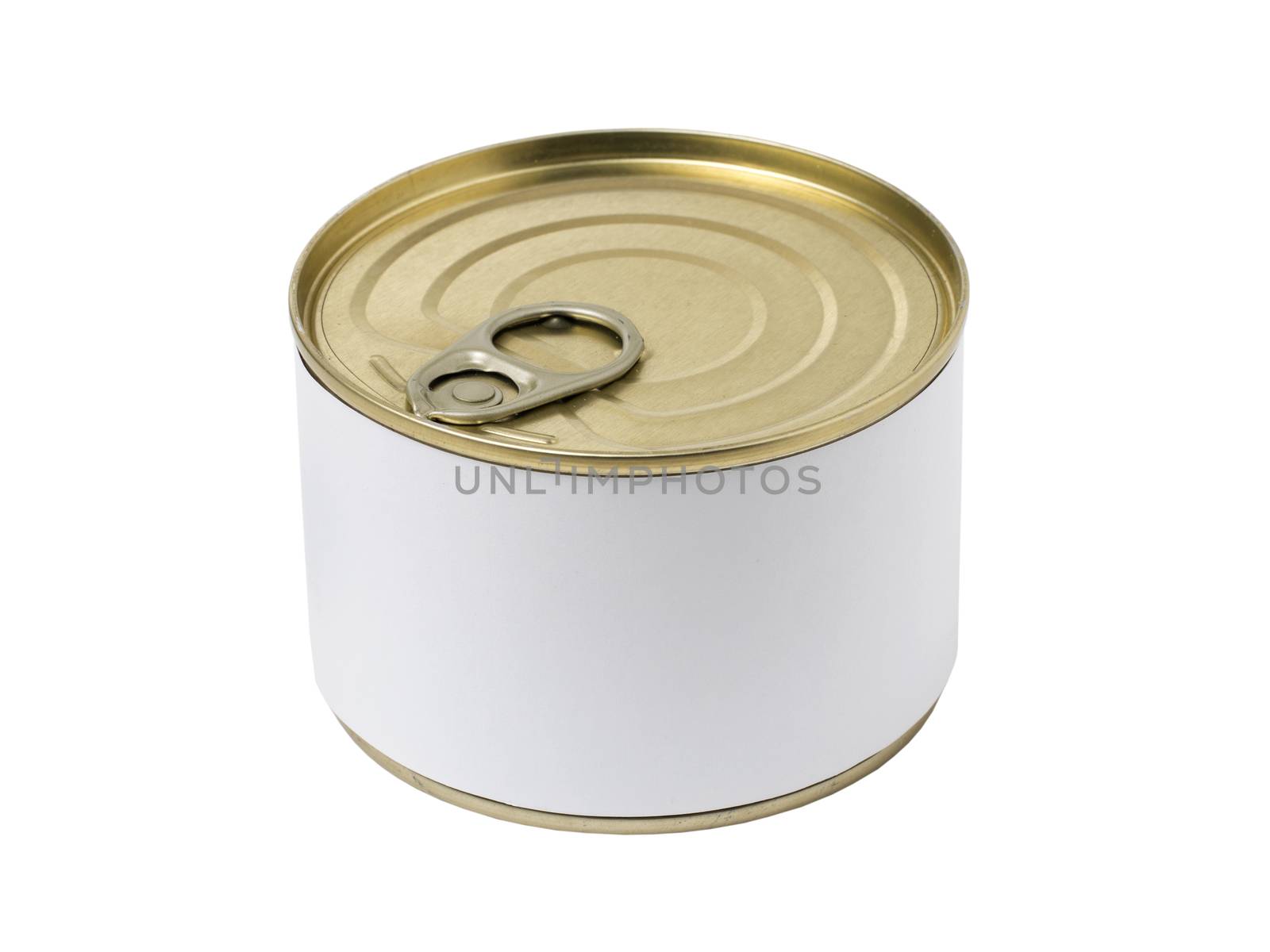 Tin can with blank label and with key on the cap, isolated on white background.