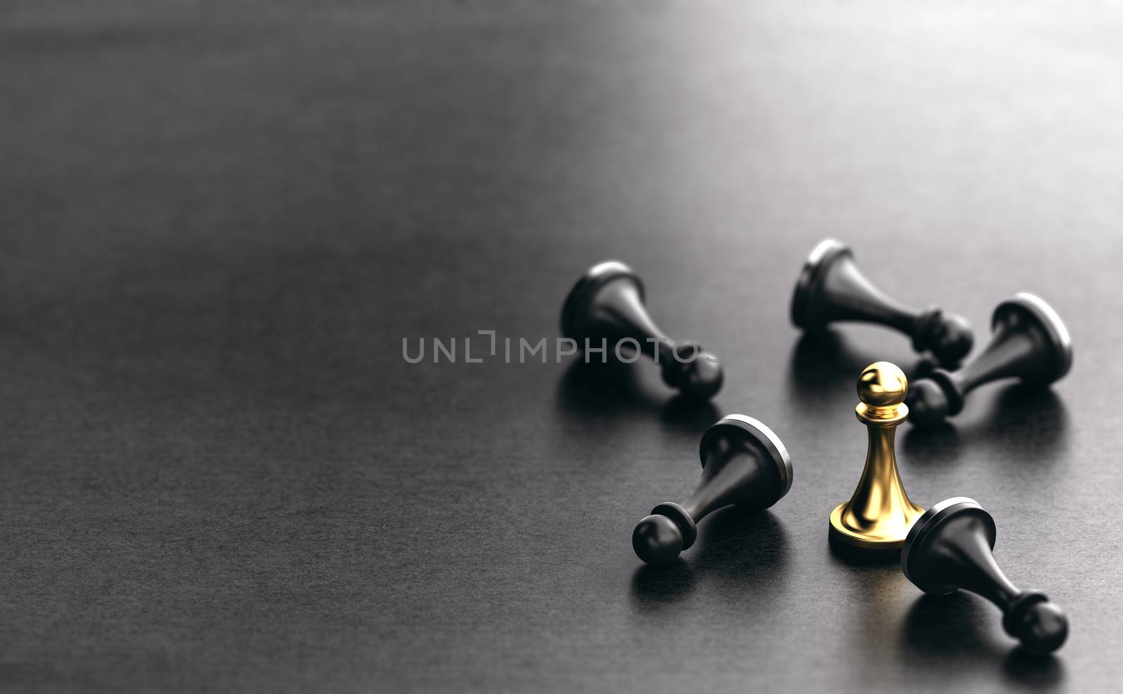 3D illustration of fallen black pawns and a golden one standing up. Black Paper Background. Concept of strategic business or competitors strategy.