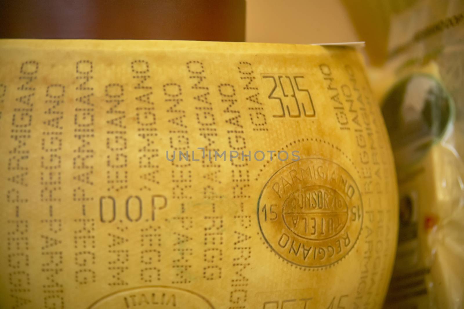 Detail of a cheese form made in italy of controlled origin and of the highest quality. A product known all over the world for its quality, and for its unmistakable taste.