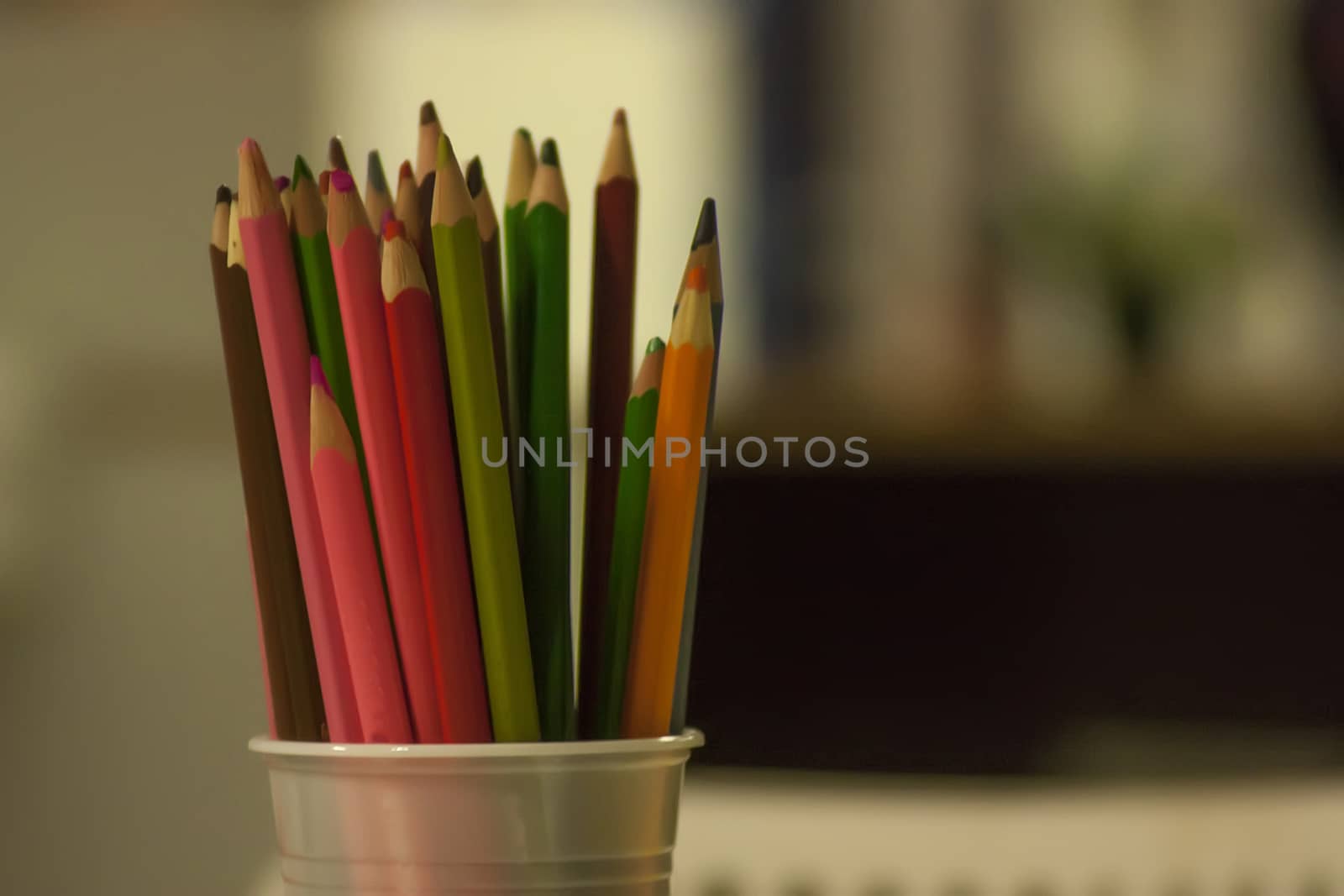 container full of colored pencils ready to draw