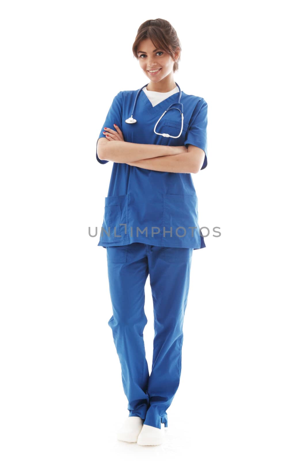 Young nurse full length portrait isolated on white background