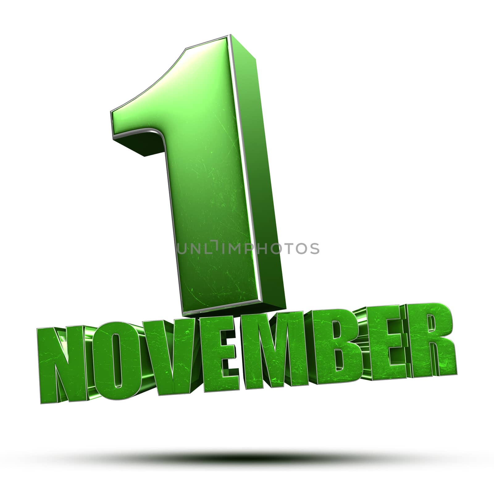 1 November green 3d illustration on white background.(with Clipping Path).