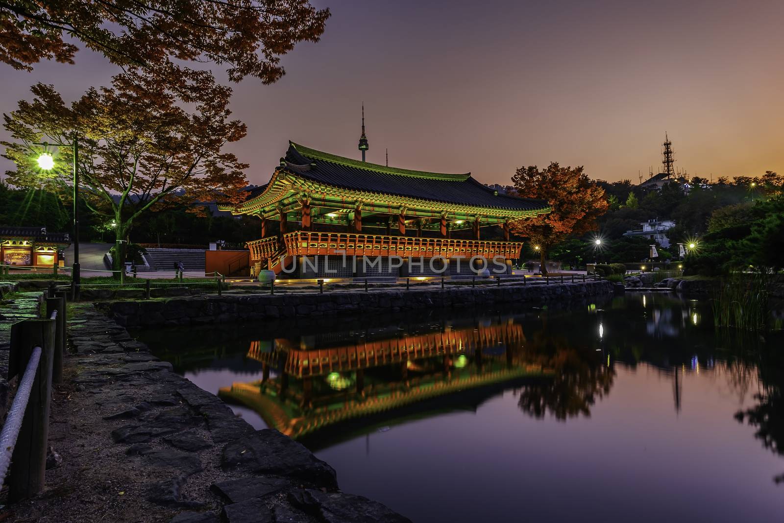 Namsan Tower in an ancient village at the River Pavilion in Seoul, South Korea