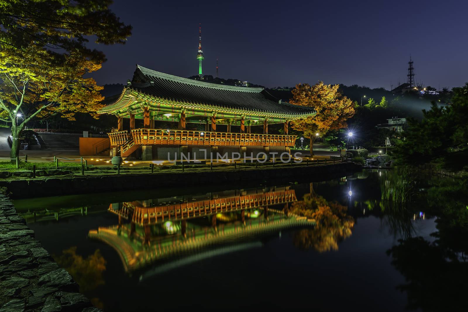 Namsan Tower in an ancient village at the River Pavilion in Seoul, South Korea