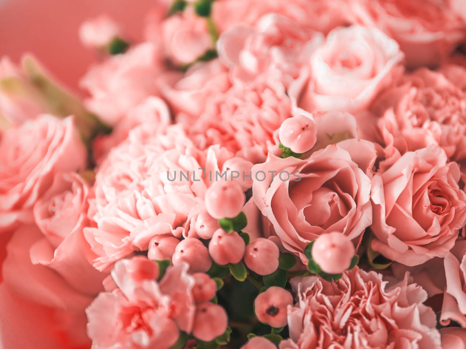 Beautiful bouquet with roses, dianthus, hypericum, clove in color of year 2019 Living Coral concept. Trendy color Living Coral in flowers, wedding bouquet. Shallow DOF.