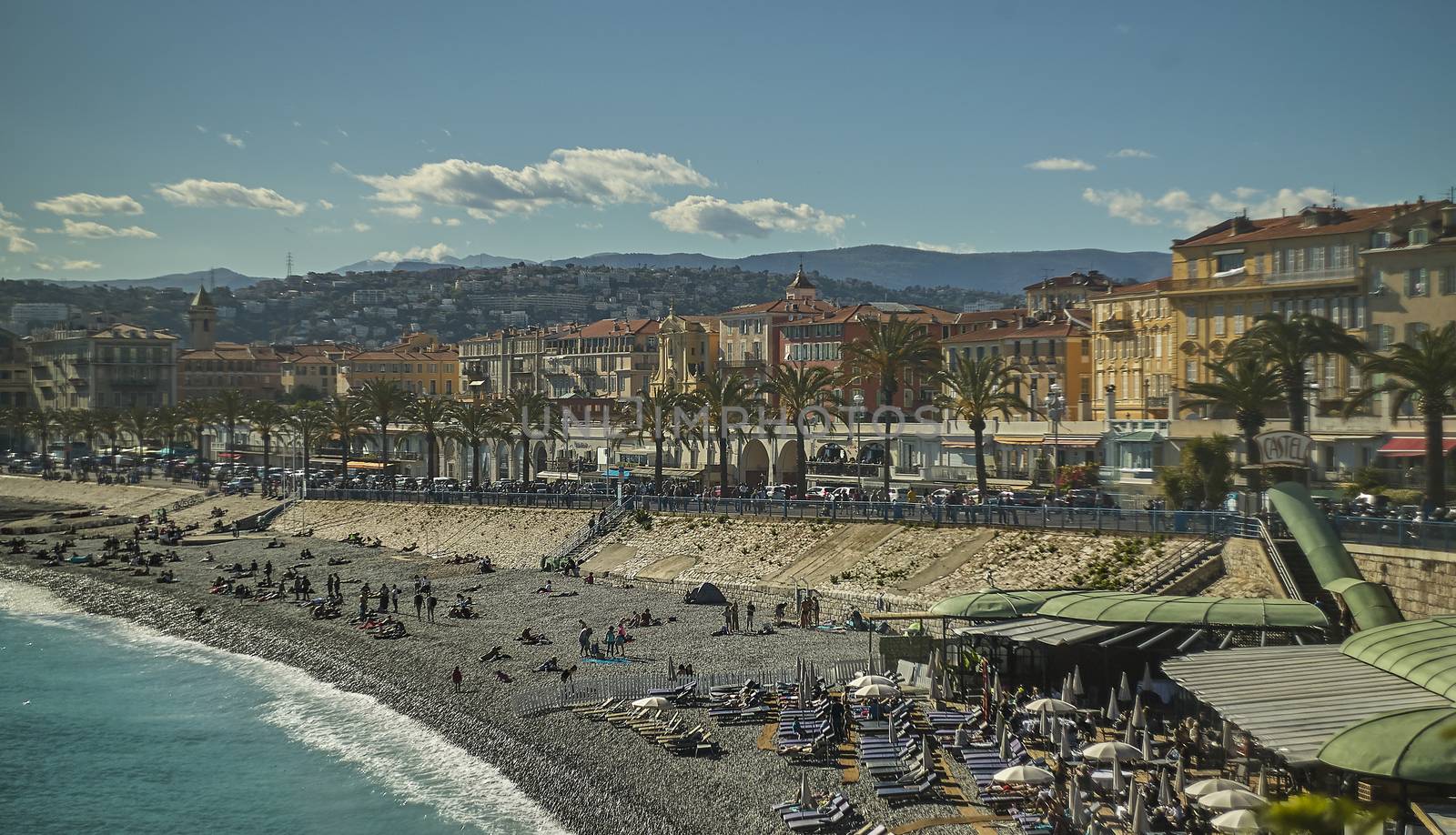 Seaside resort on Nice beach in France during summer time. A breathtaking landscape.