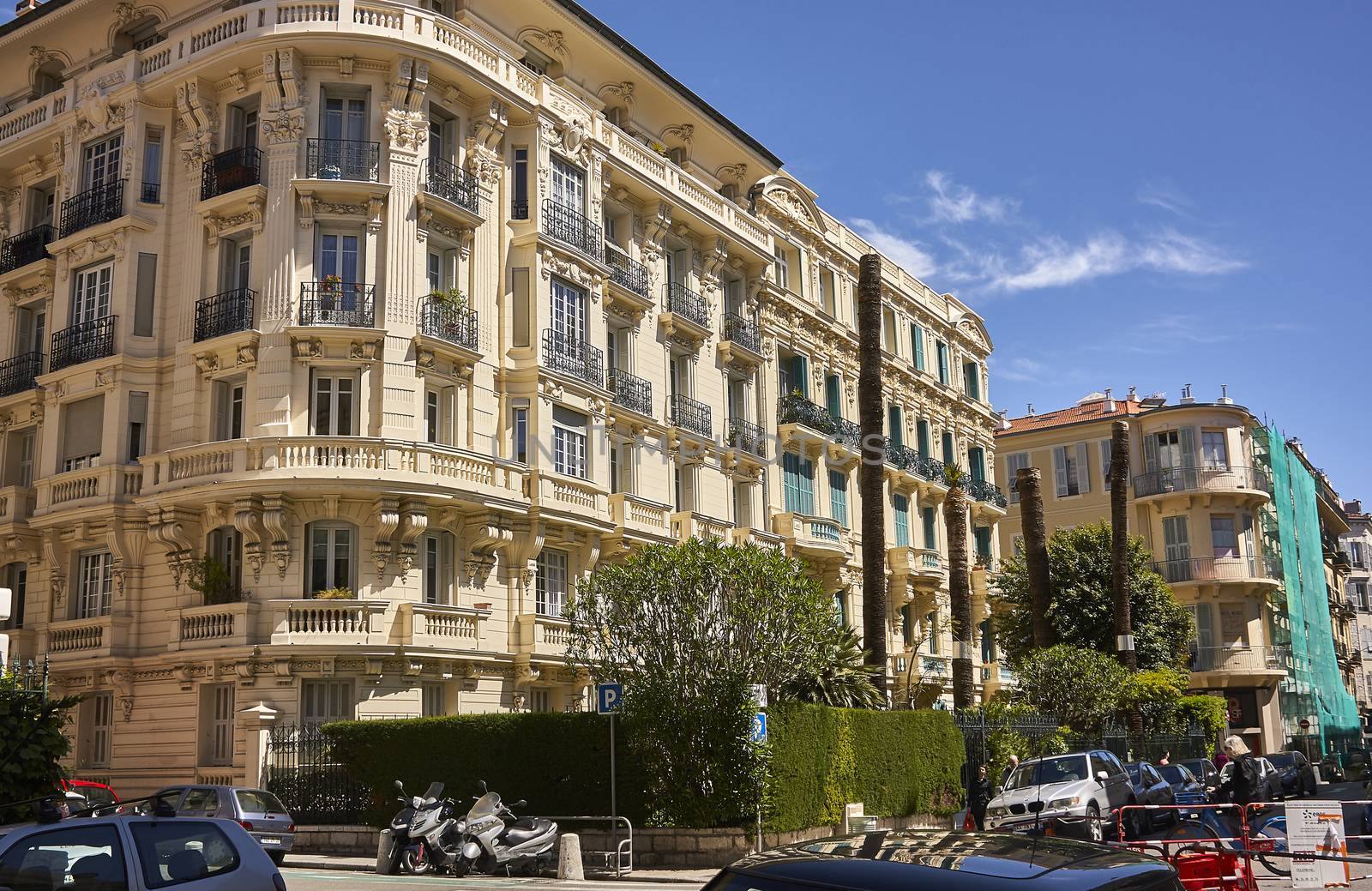 Baroque corner building in a central street of nice with very bright and mystical colors.