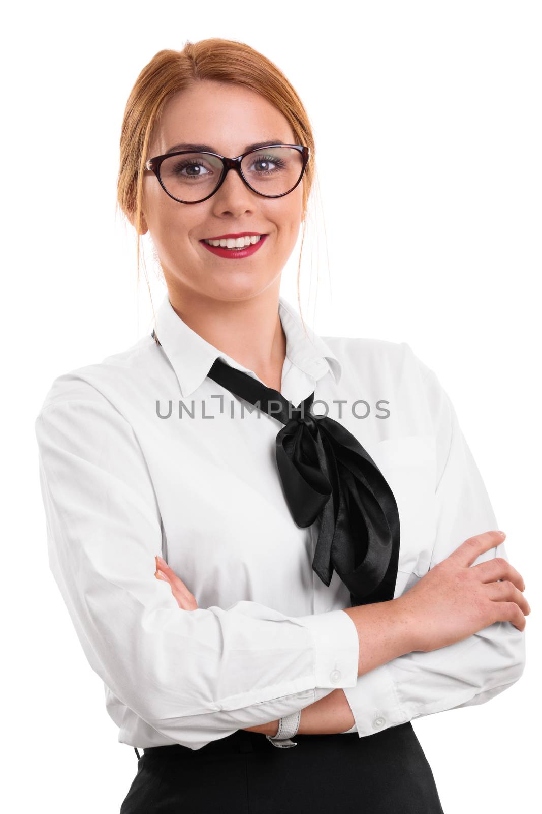 Portrait of a beautiful smiling young fashionable businesswoman with folded arms, isolated on white background.