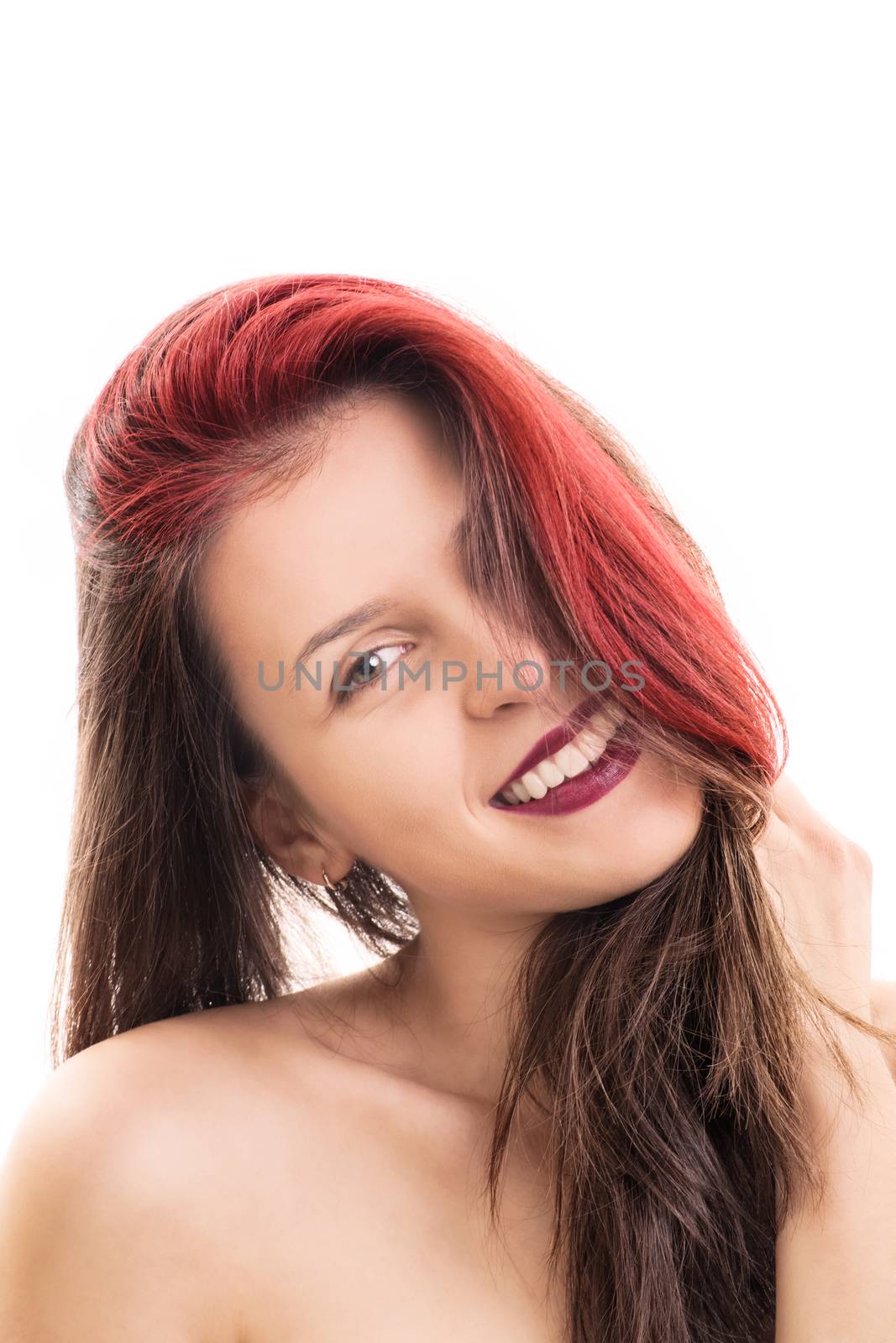 Portrait of a beautiful smiling young woman with natural clean make up, isolated on white background.