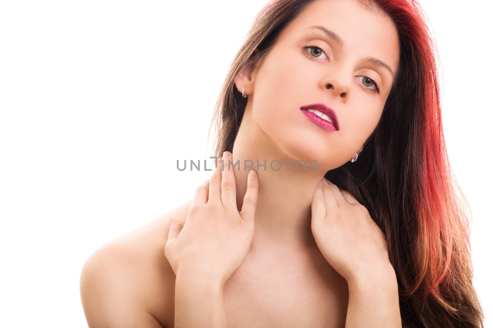 Sensual portrait of a beautiful young woman with natural clean make up, isolated on white background.


