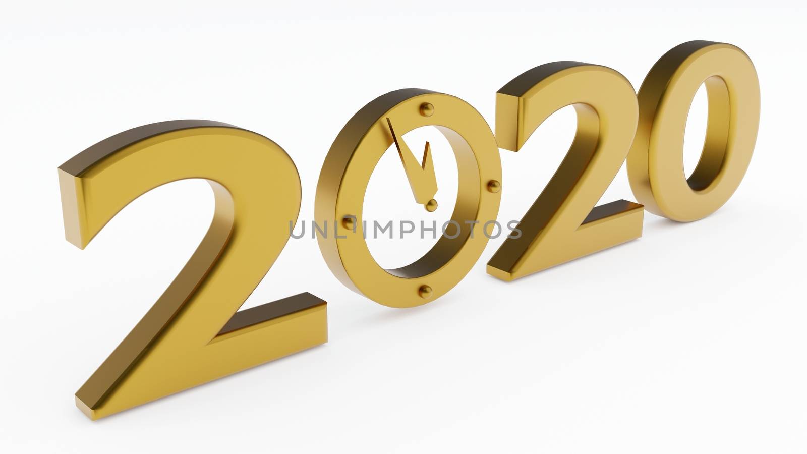 2020 years and clock, 3d illustration on the white background