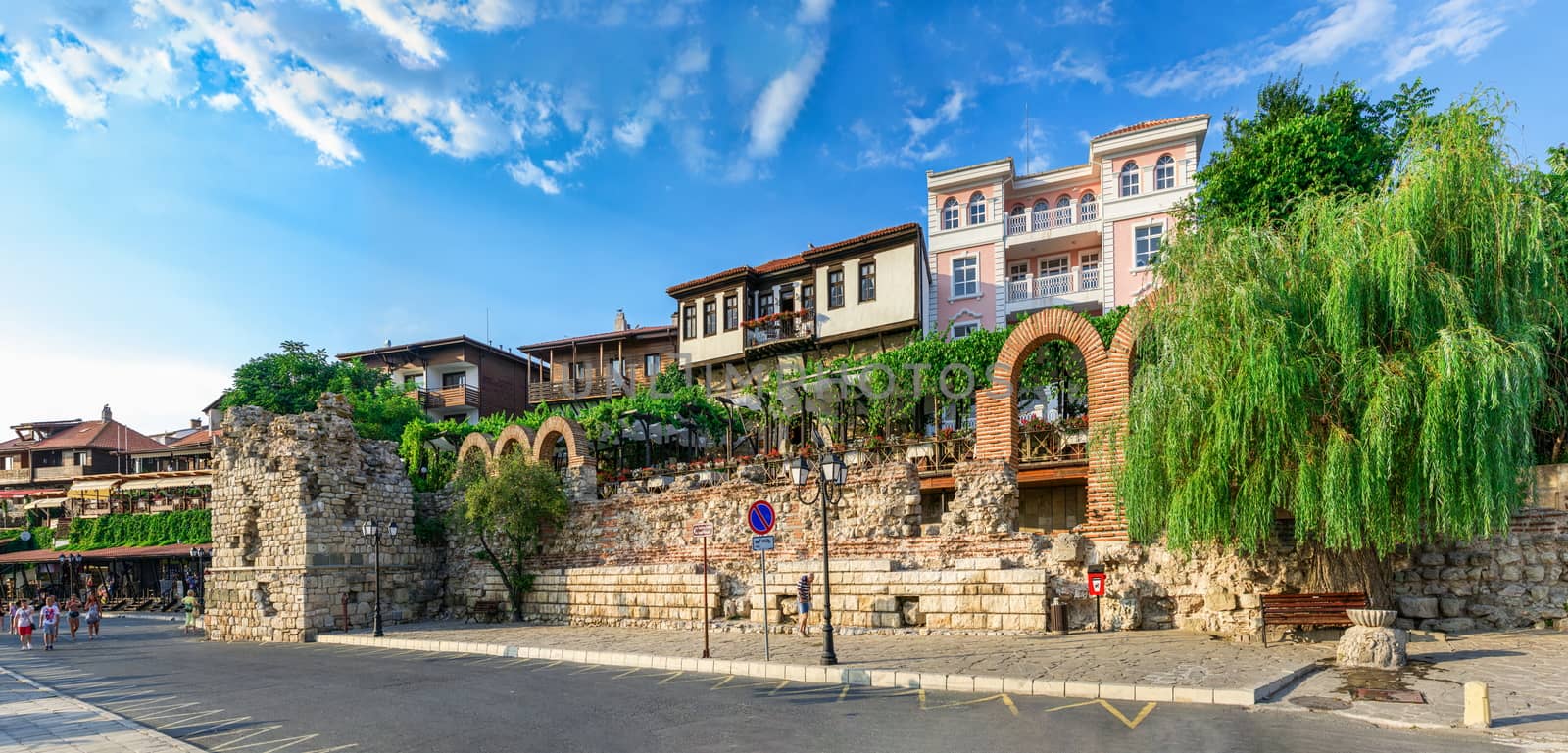 Nesebar, Bulgaria – 07.09.2019. Fortress walls on the promenade of Nesebar, Bulgaria, on a sunny summer day