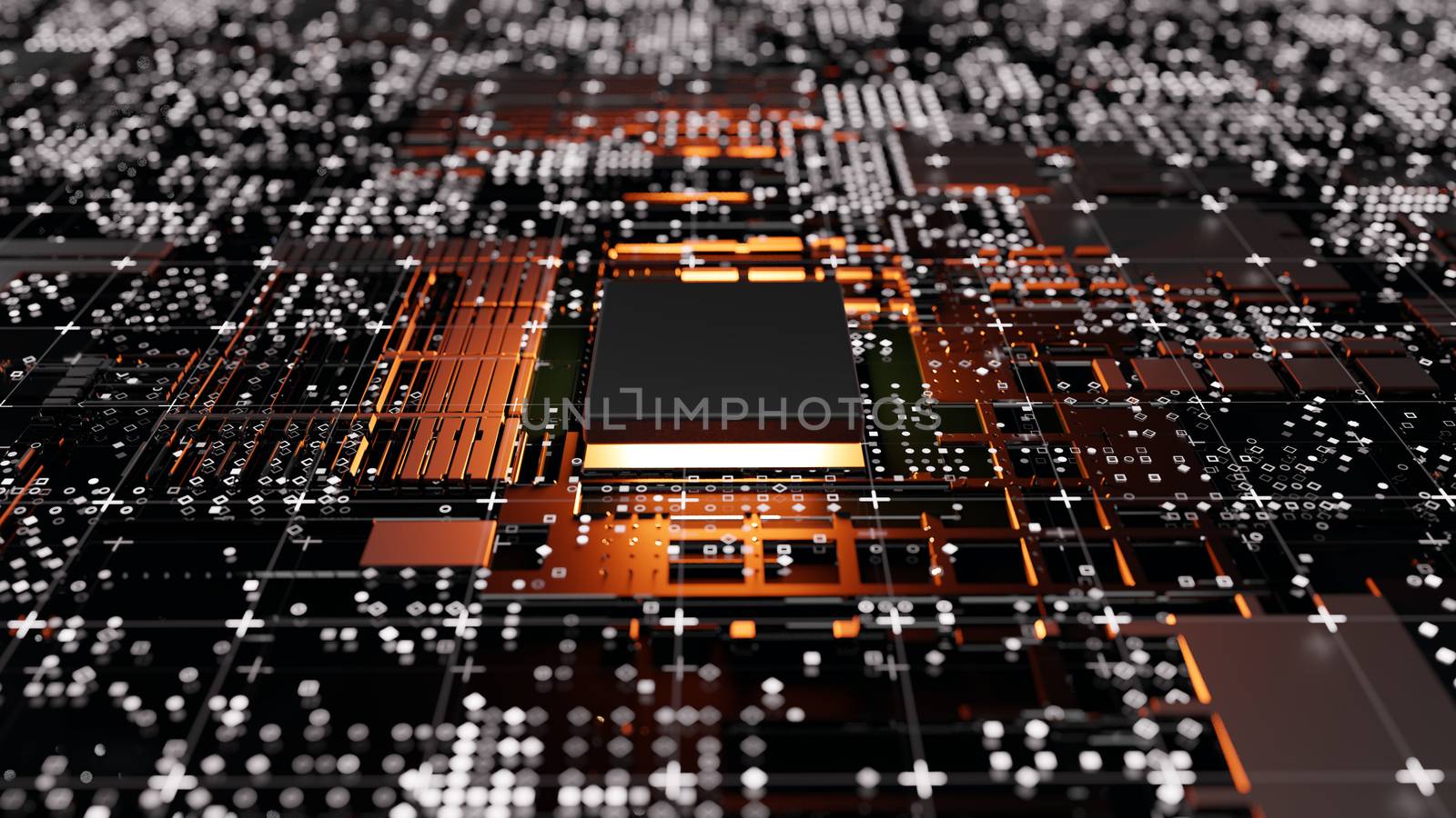 Abstract Central Computer Processors Concept. 3D illustration. Conceptual CPU on circuit board - PCB