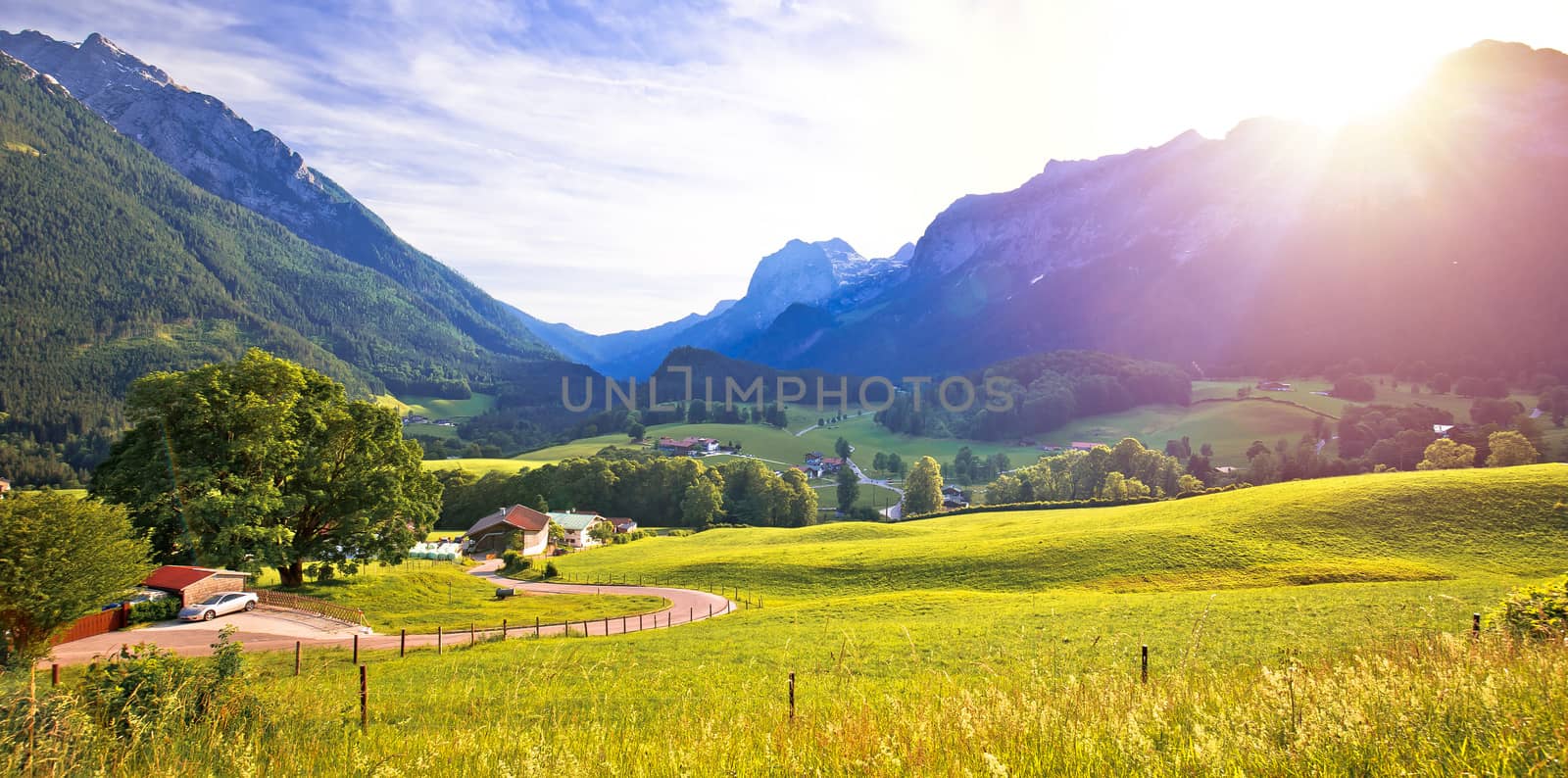 Ramsau valley in Berchtesgaden Alpine region landscape panoramic view, Bavaria region of Germany