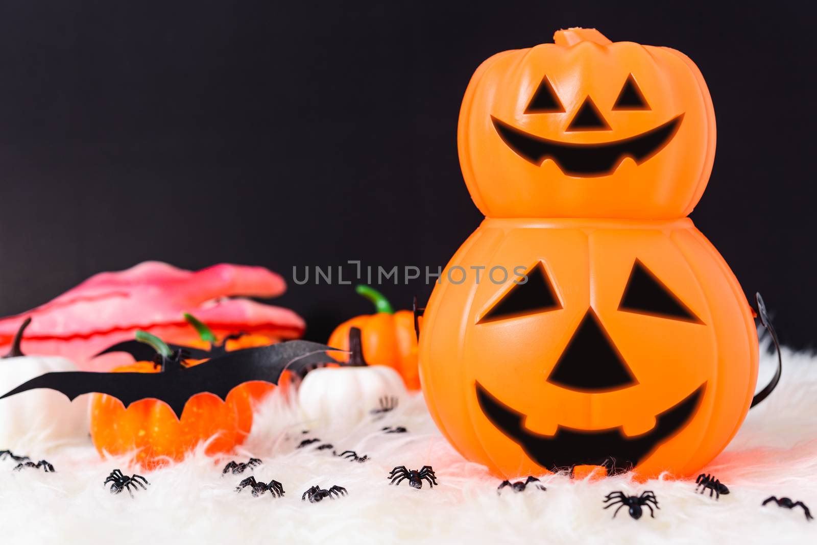 Pumpkin Jack creepy, spider and bat in photo, Halloween day conc by Sorapop