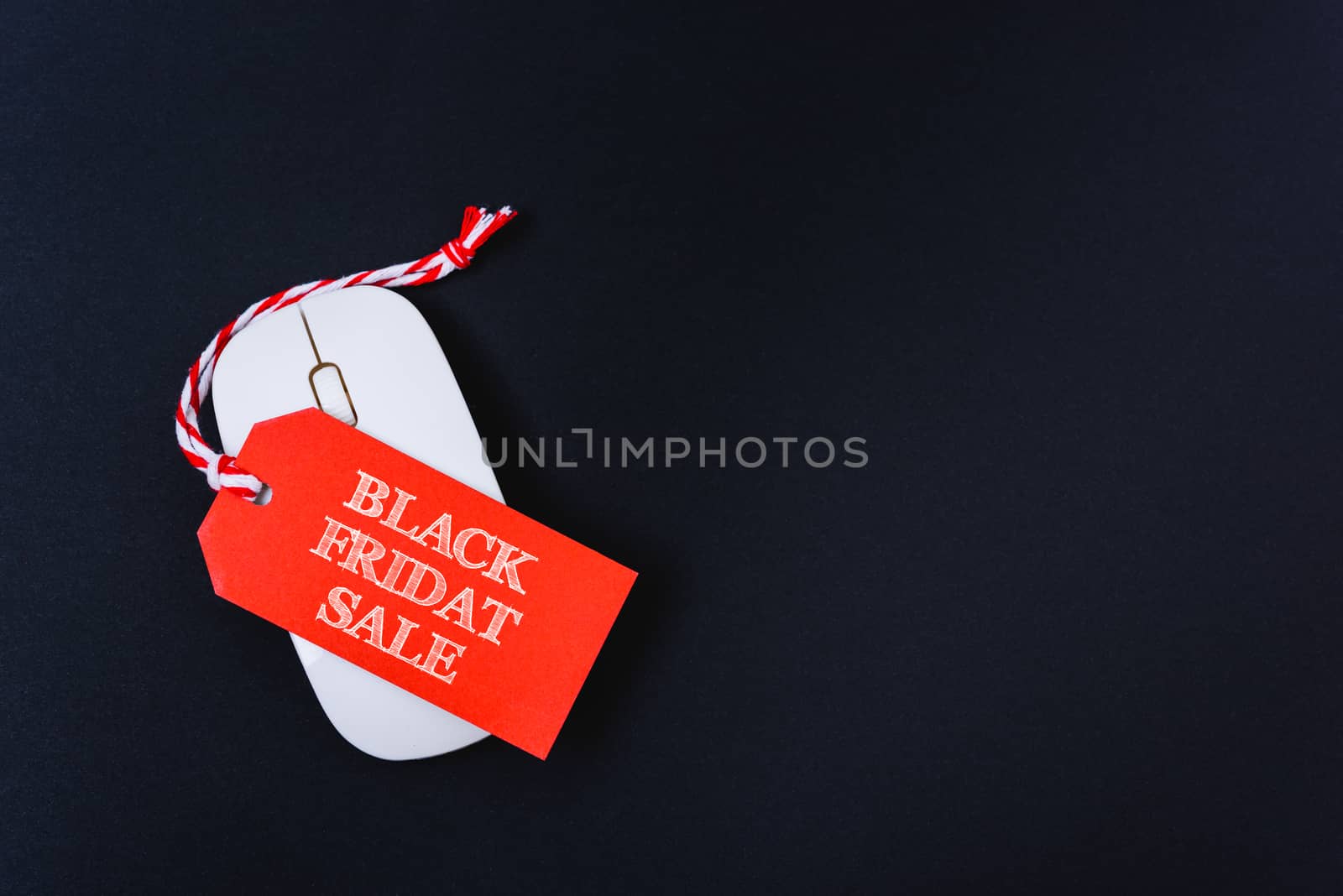Online shopping Black Friday sale text red tag on white mouse by Sorapop