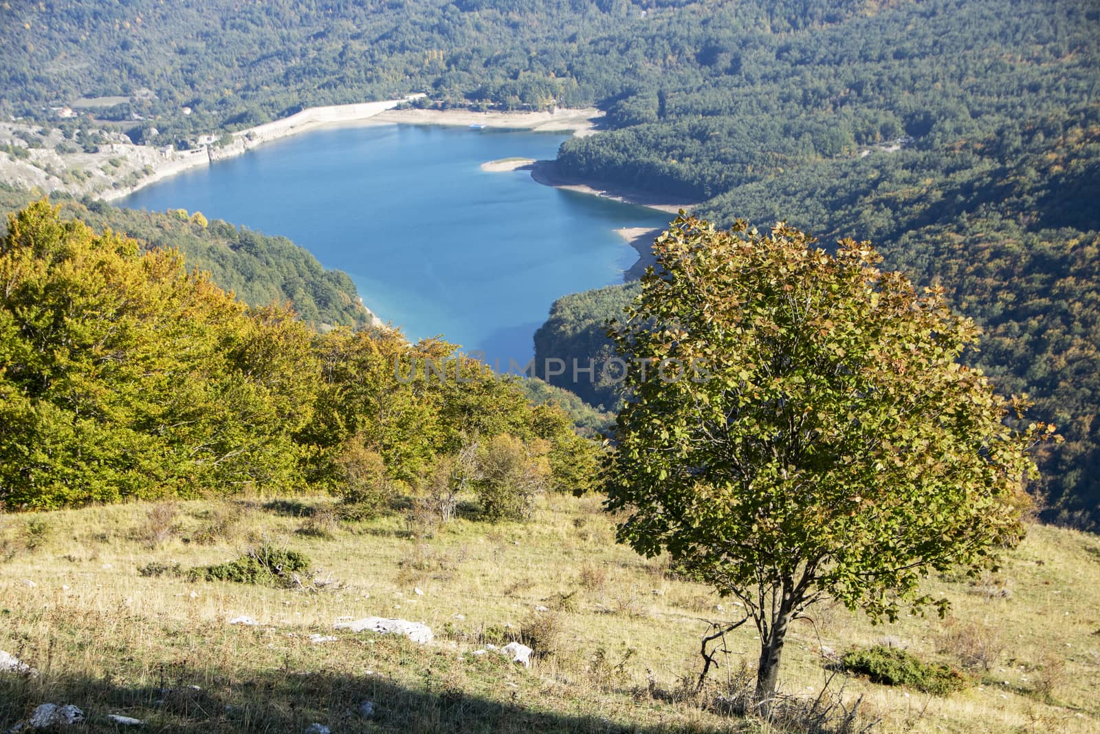 View of the montagna Spaccata lake in Abruzzo National Park, Italy