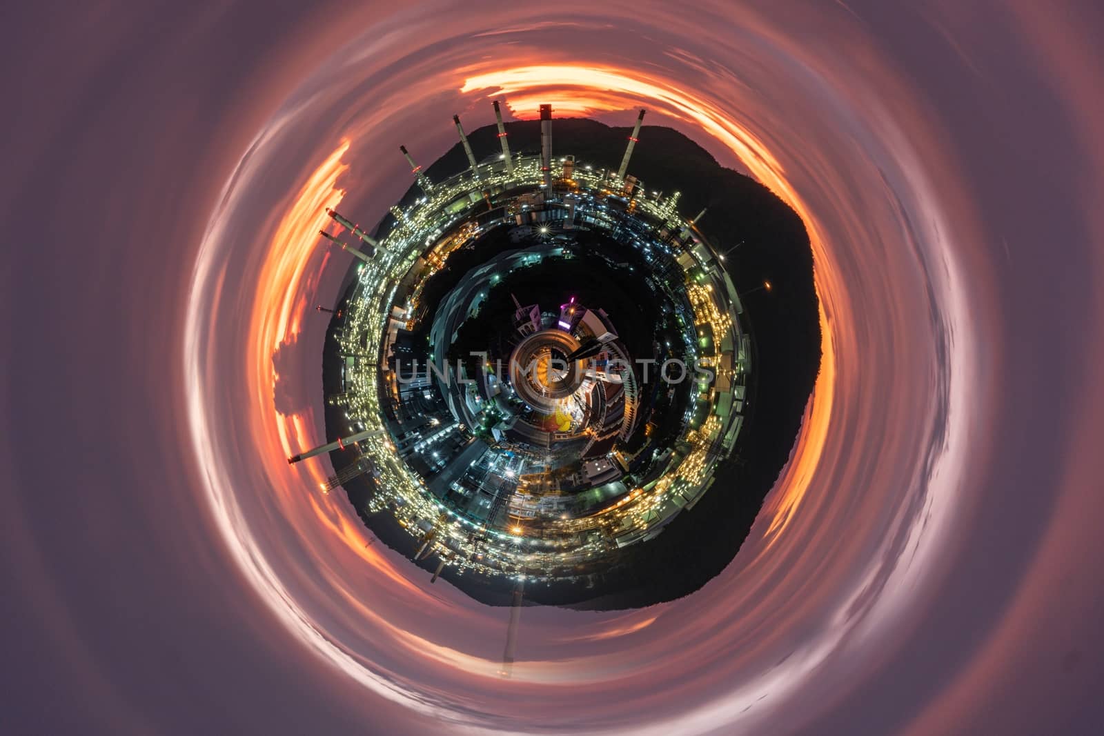 The Aerial 360 degrees panoram. Panorama of aerial view of petrochemical oil refinery in industrial engineering concept at night