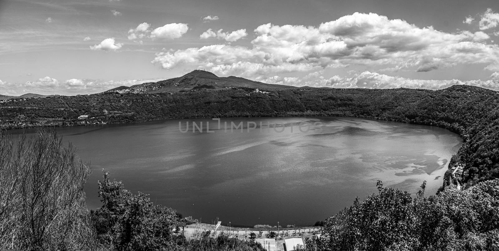 black and white panoramic Lake Albano or Lago di Albano in Lazio - Rome - Italy .