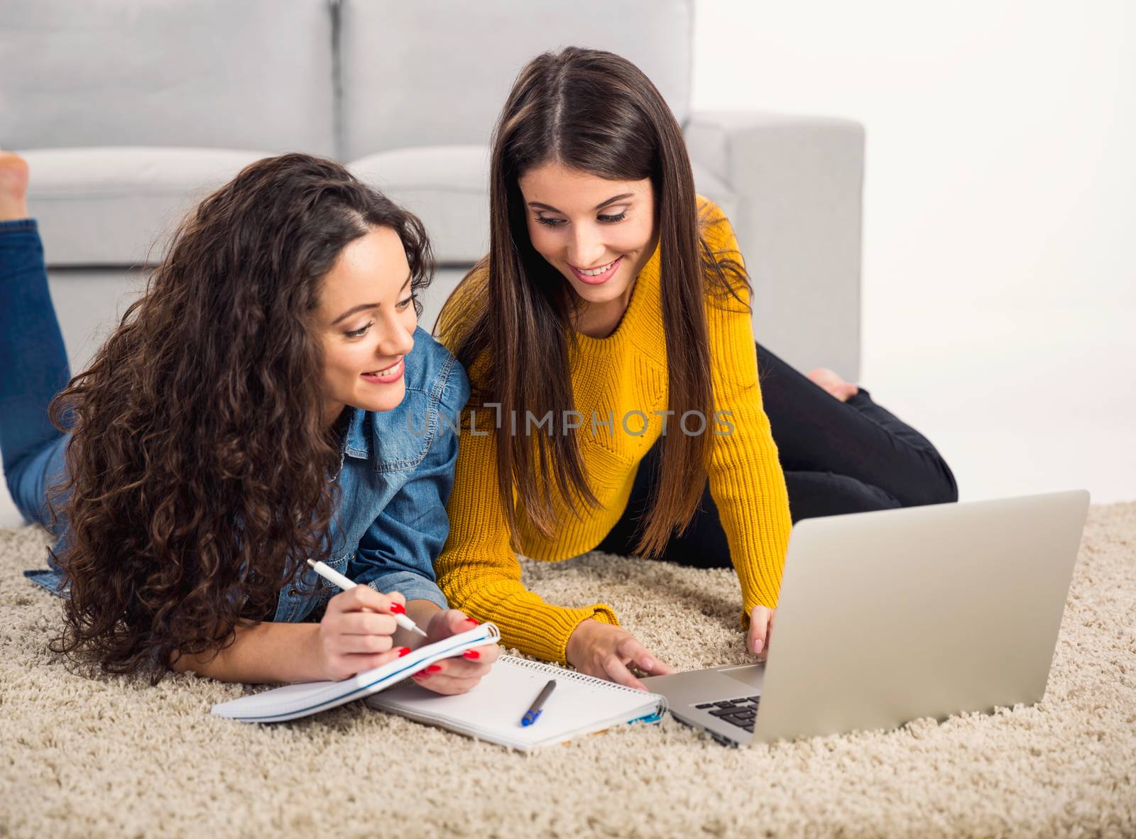 Beautiful teenage friends studying together at home