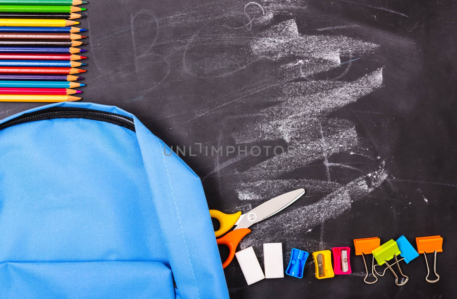 Back to school shopping backpack, The Accessories in student blue bag on blackboard background and have chalkboard also