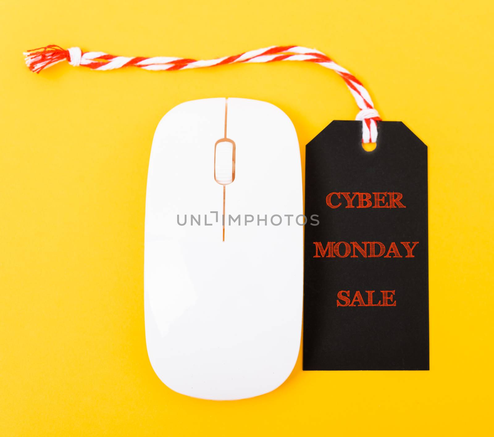 Online shopping Cyber Monday sale text black tag on white mouse by Sorapop