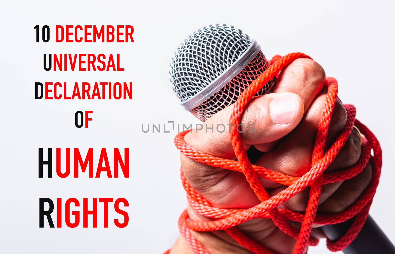 Hand holding microphone and have roped on fist hand with 10 december universal declaration of HUMAN RIGHTS text on white background, Human rights day concept